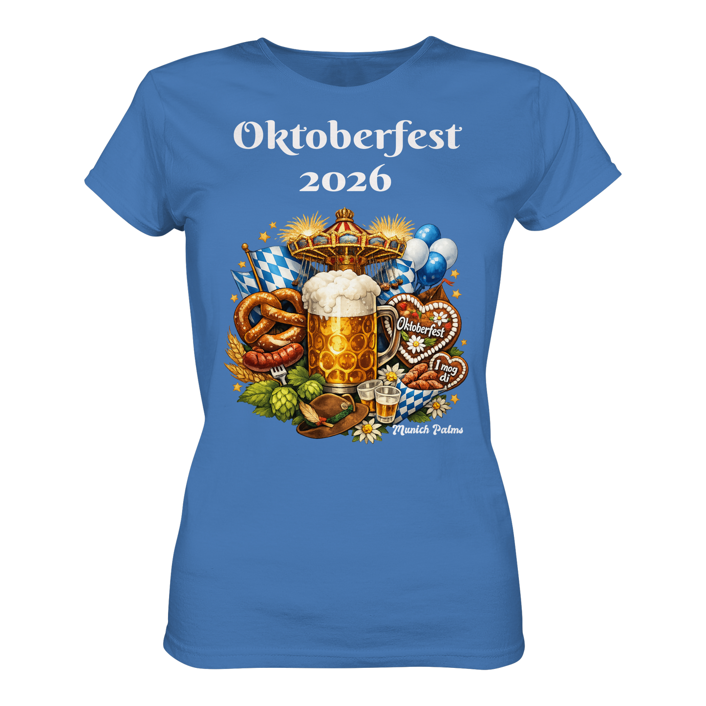 Damen Premium Classic T-Shirt mit Oktoberfest 2026 München Design in Aqua, Frontansicht, bequemes Damen-Shirt.