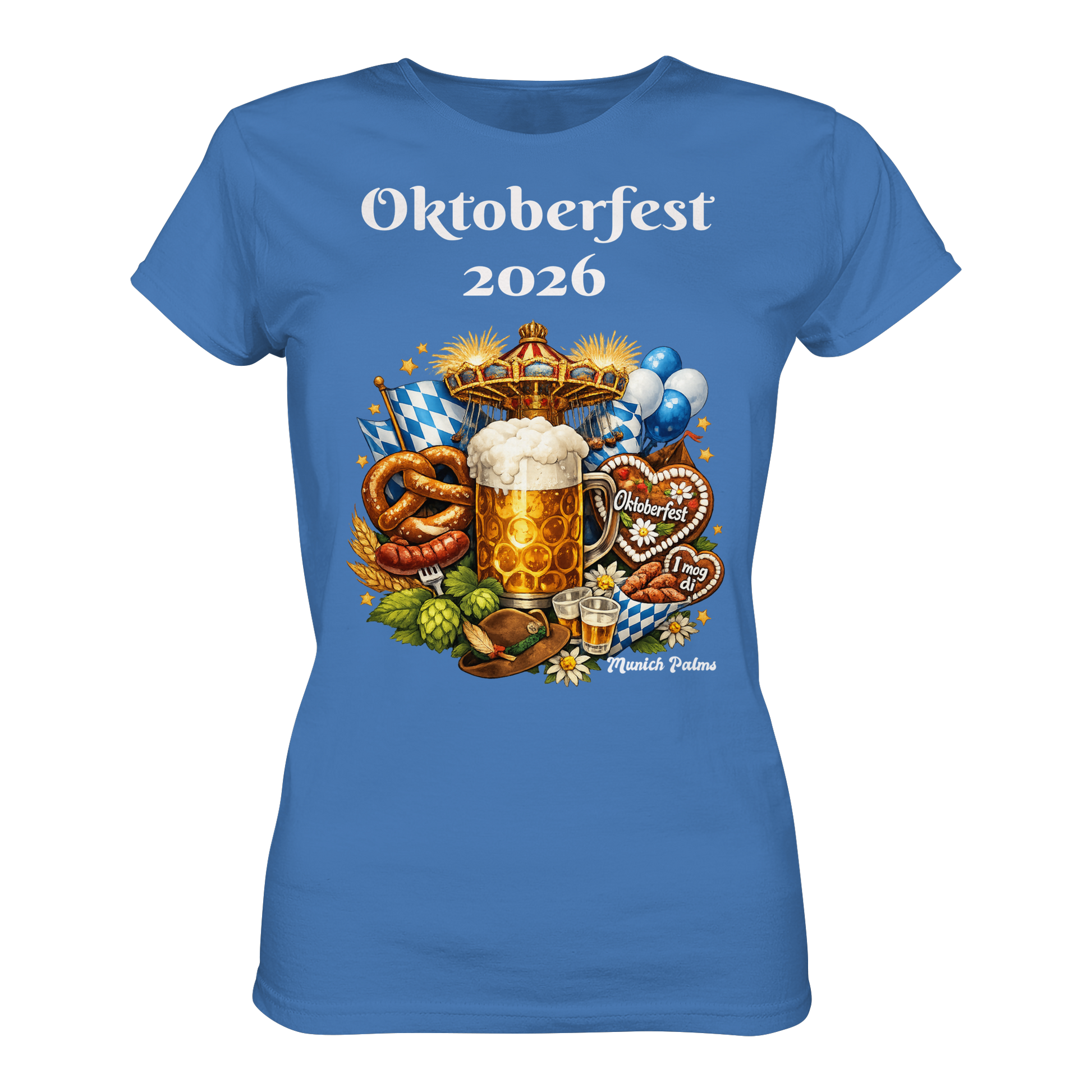 Damen Premium Classic T-Shirt mit Oktoberfest 2026 München Design in Aqua, Frontansicht, bequemes Damen-Shirt.