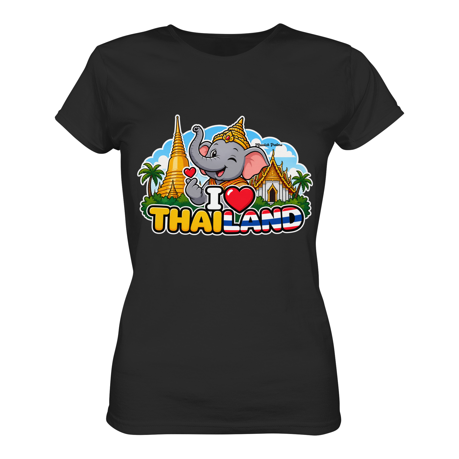 Schwarzes Damen-T-Shirt mit I Love Thailand Elefanten-Design, Munich Palms, für Damen, Premium Classic Style.