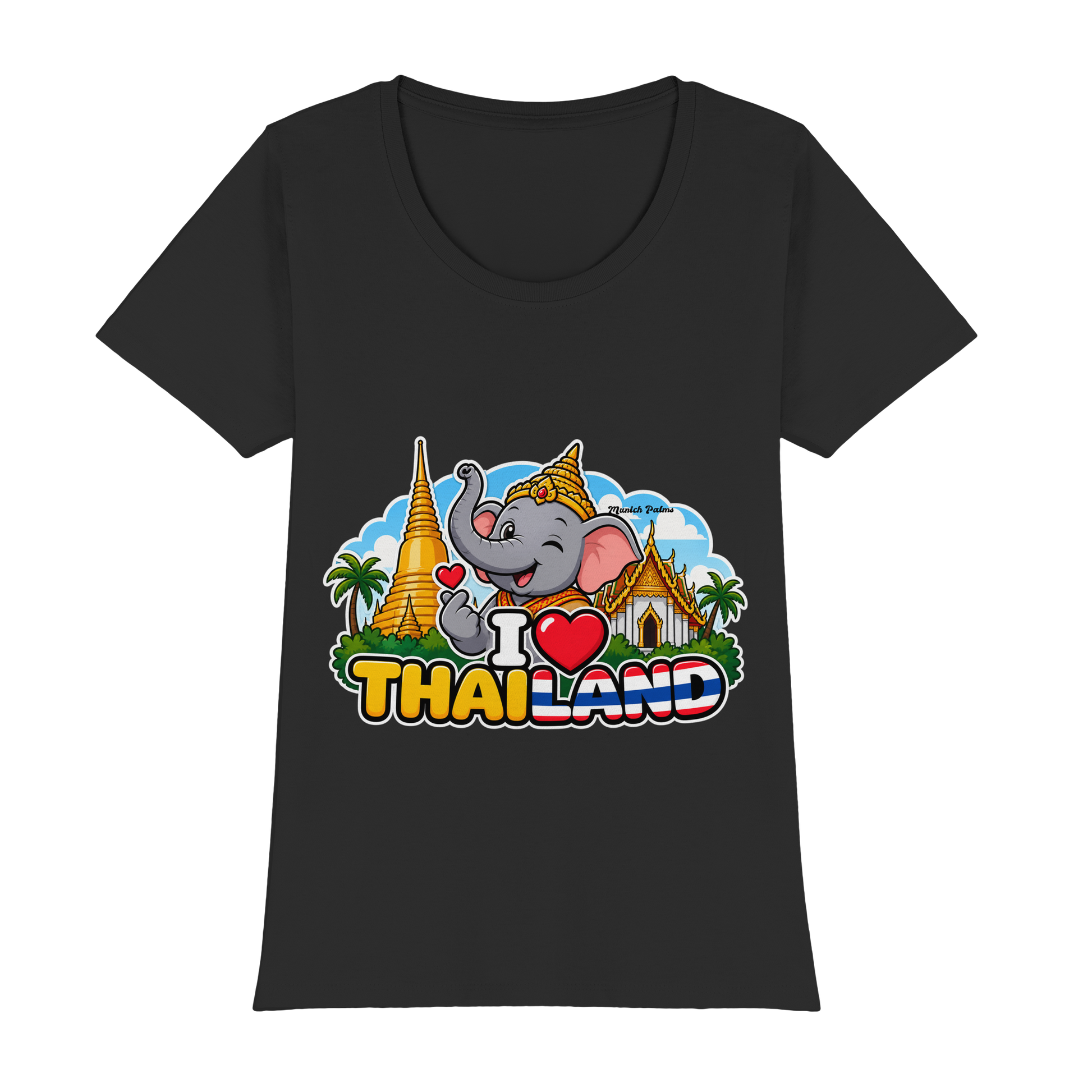 Schwarzes Damen-T-Shirt mit I Love Thailand Elefanten-Design, Munich Palms, exklusiv und stilvoll, Premium-Qualität.