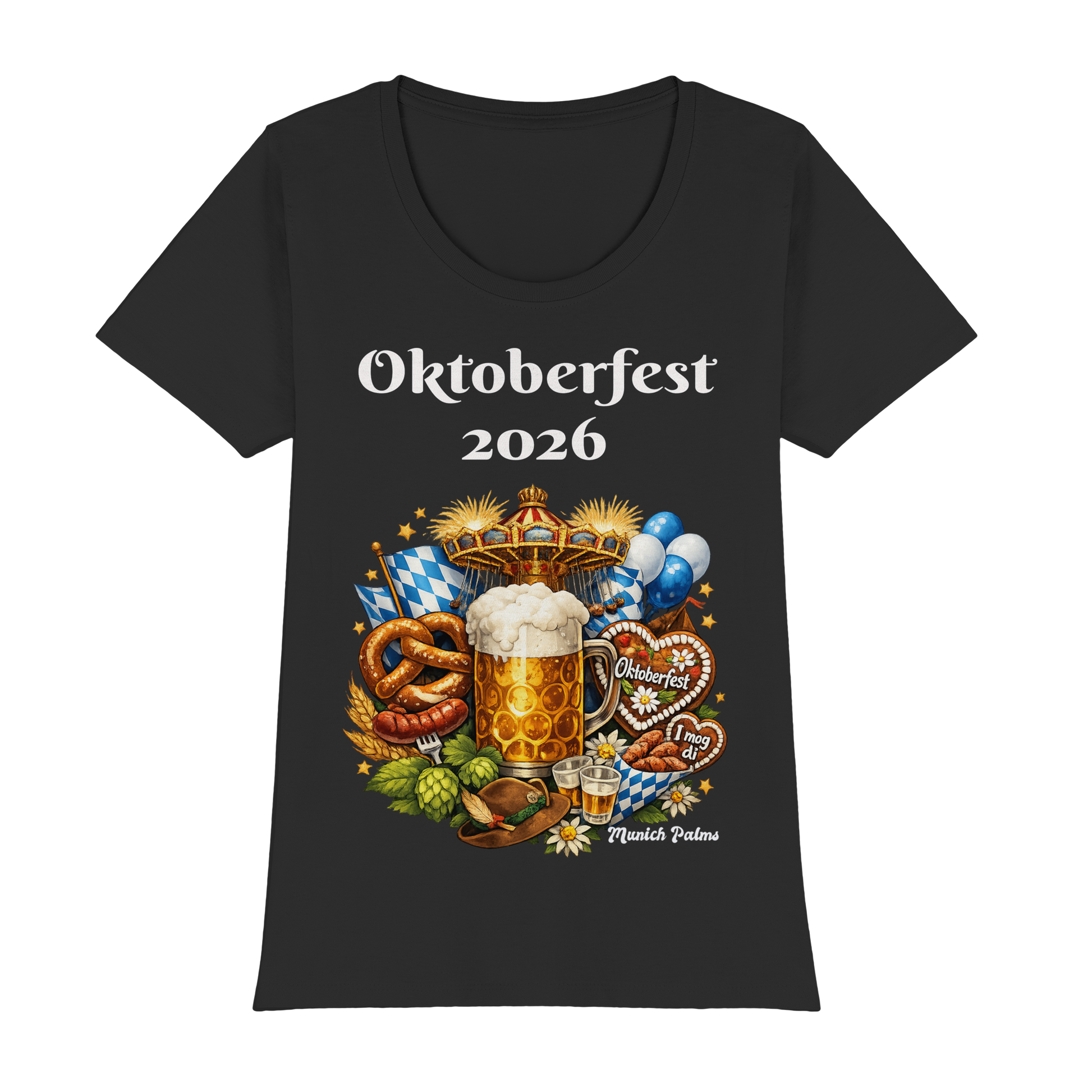 Damen-T-Shirt Oktoberfest 2026 München Design, schwarzes Premium-Classic-T-Shirt, Frontansicht, bequemes Damen-Shirt