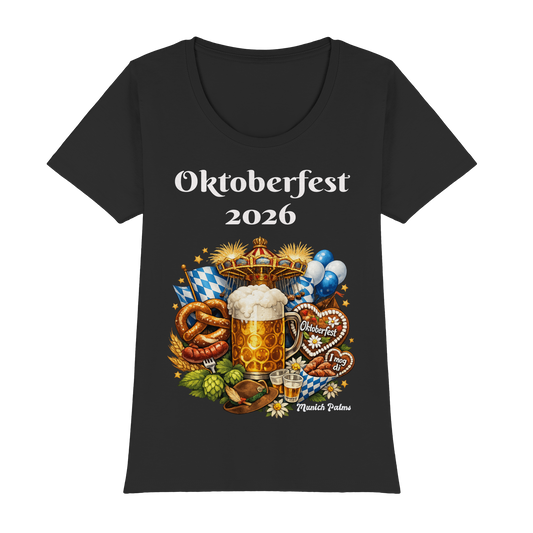 Damen-T-Shirt Oktoberfest 2026 München Design, schwarzes Premium-Classic-T-Shirt, Frontansicht, bequemes Damen-Shirt