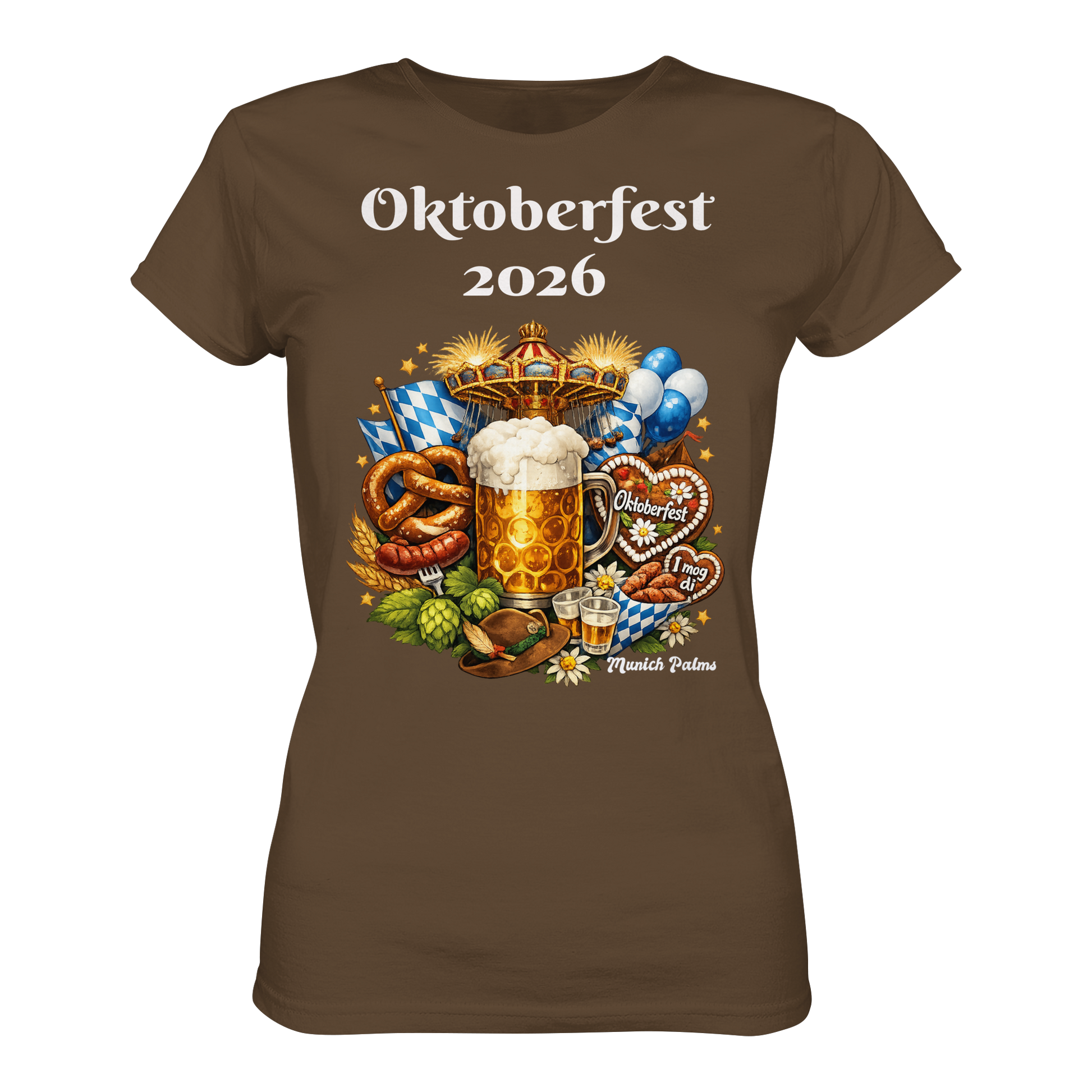 Damen-T-Shirt mit Oktoberfest 2026 München Design, braun, Premium-Qualität, stilvolle Damenbluse, Vorderansicht