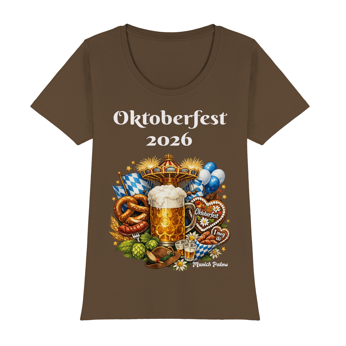 Damen T-Shirt mit Oktoberfest 2026 München Design, braun, Premium Classic, Frontansicht, bequem und stilvoll