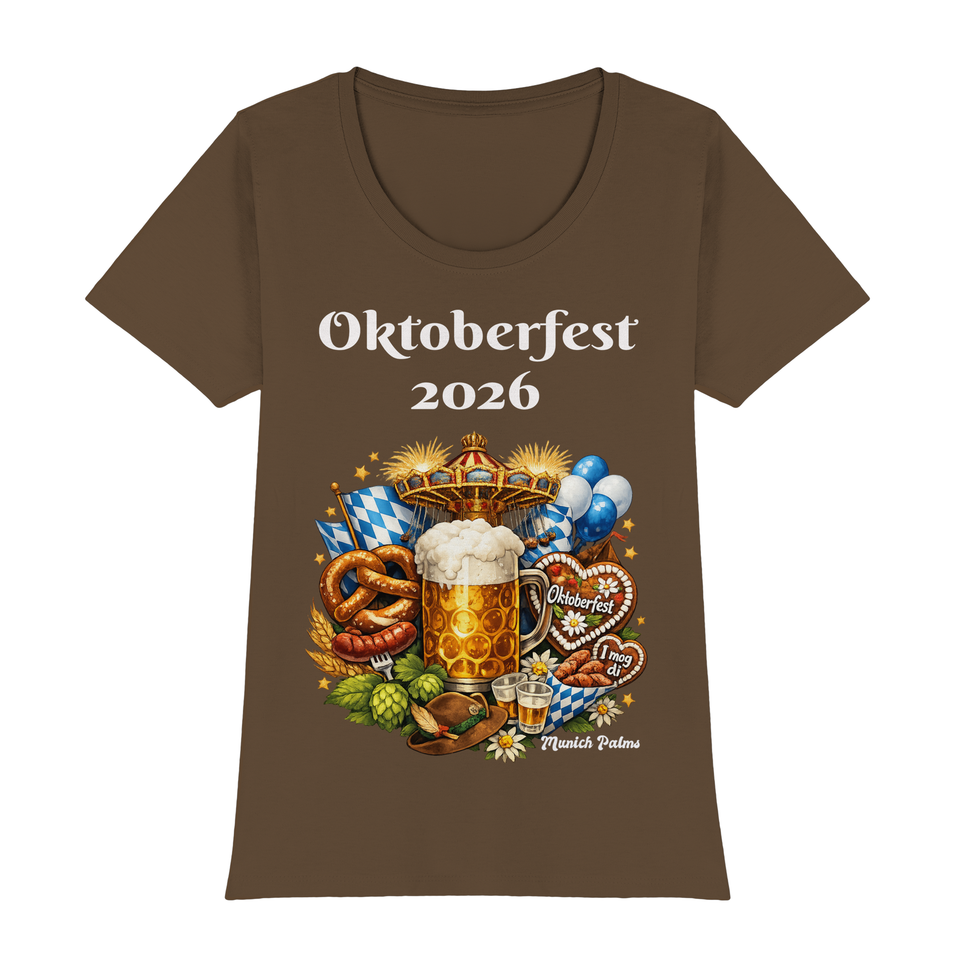 Damen T-Shirt mit Oktoberfest 2026 München Design, braun, Premium Classic, Frontansicht, bequem und stilvoll
