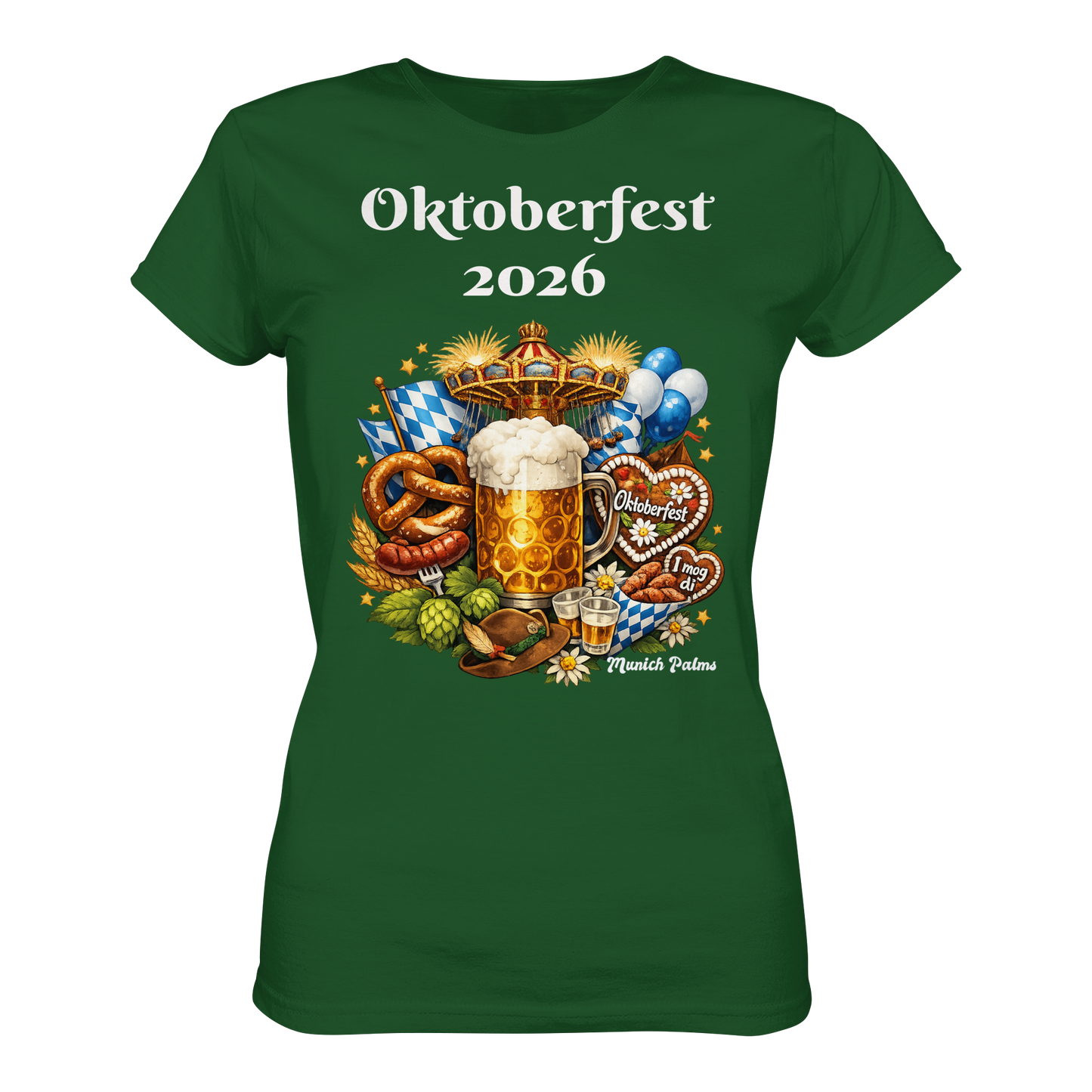 Dunkelgrünes Damen-T-Shirt mit Oktoberfest 2026 München Design, Premium-Classic-Style, Vorderansicht, Damenmode