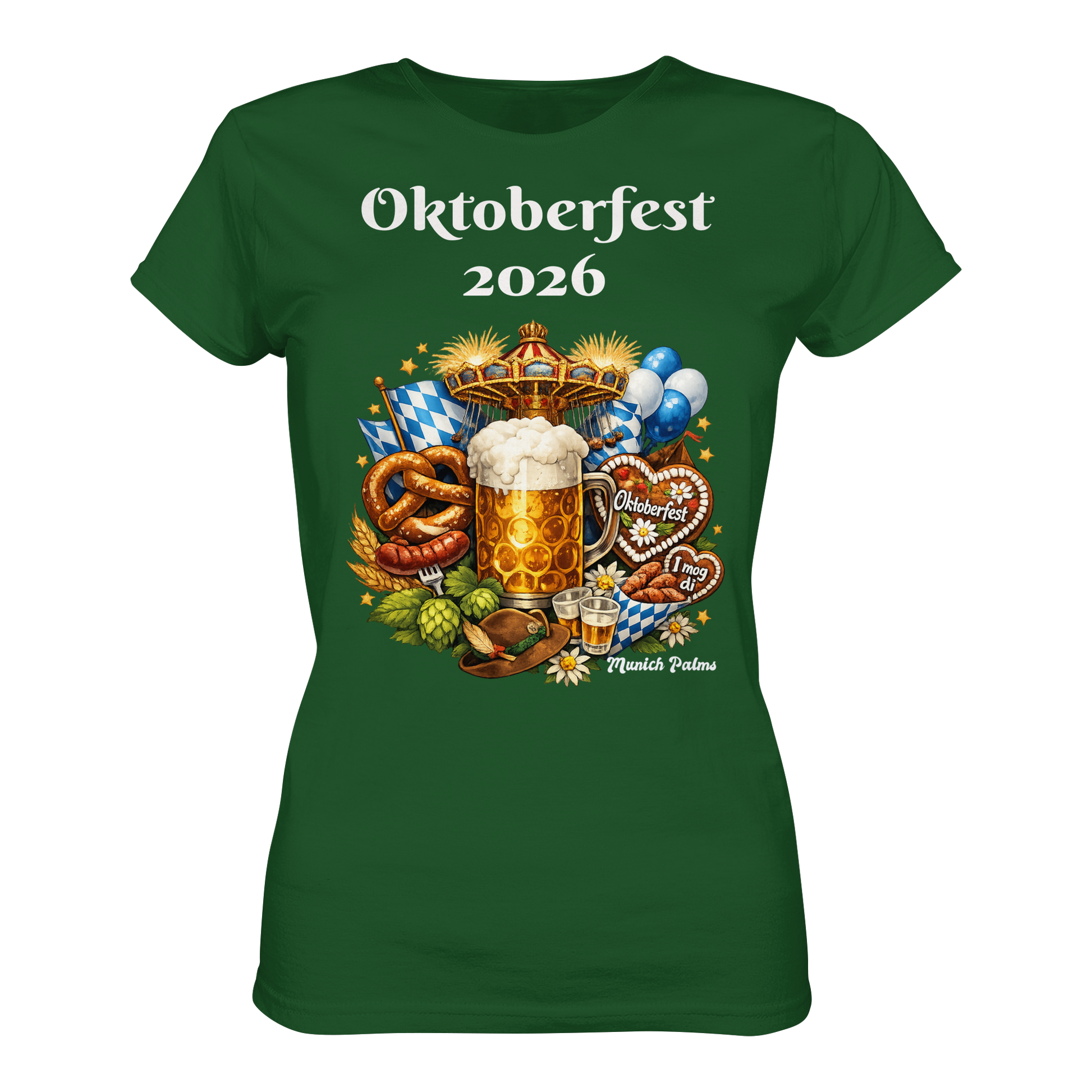 Dunkelgrünes Damen-T-Shirt mit Oktoberfest 2026 München Design, Premium-Classic-Style, Vorderansicht, Damenmode