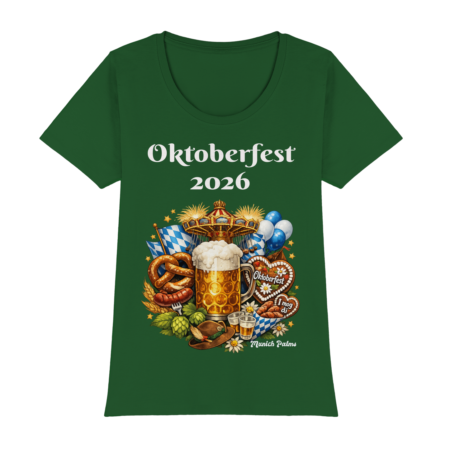 Damen T-Shirt im Oktoberfest 2026 Design, dunkelgrün, mit klassischem Schnitt und Münchner Oktoberfest-Motiv, von Online Kaufhaus München