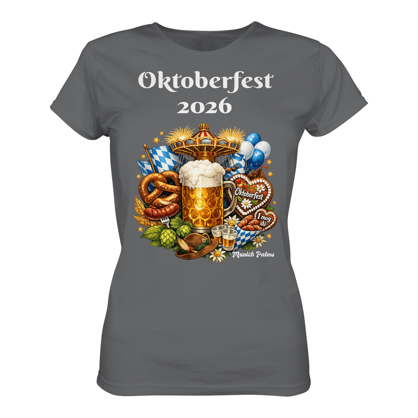 Damen-T-Shirt Oktoberfest 2026 München Design, dunkelgrau, Premium-Qualität, klassischer Schnitt, frontale Ansicht