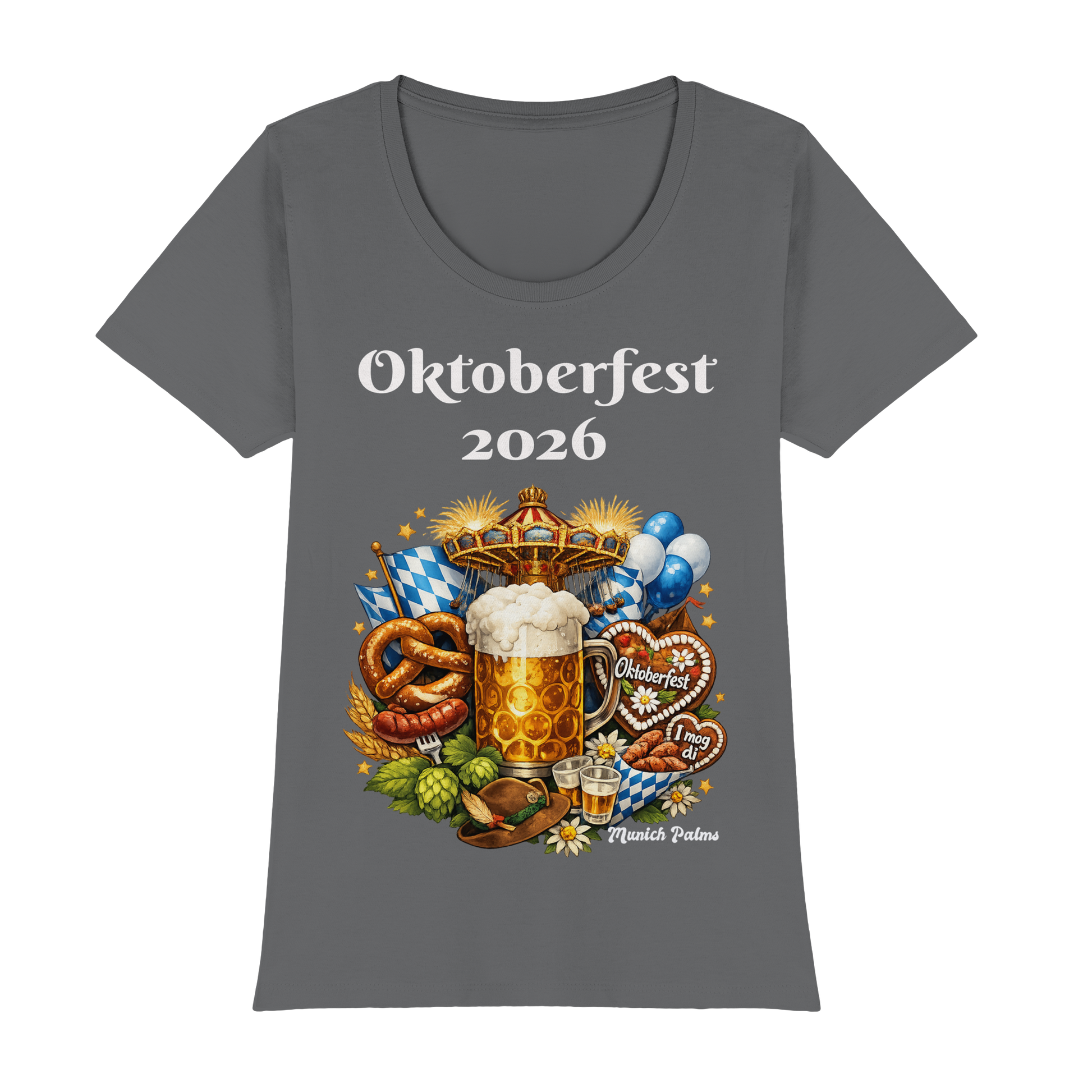 Dunkelgraues Damen-T-Shirt mit Oktoberfest 2026 München Design, Premium-Qualität, kurzer Ärmel, klassischer Schnitt.
