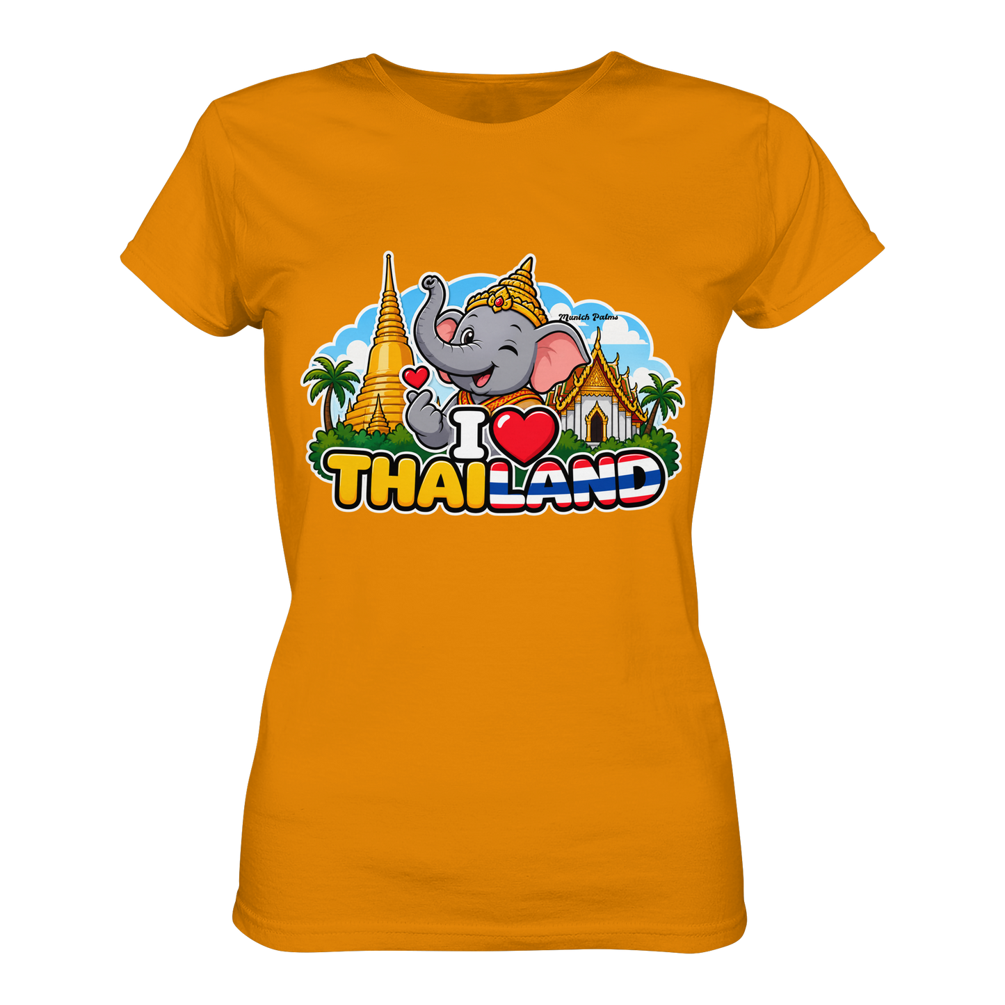 Lächelnder Elefanten-Print auf dunkelorangeenem Damen-T-Shirt mit Thailand-Motiv, Munich Palms Design, Premium Classic Fit