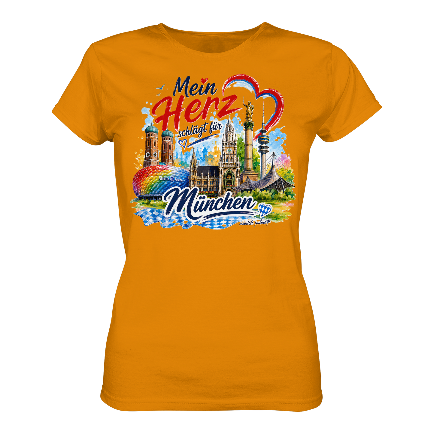 Hübsches Damen-T-Shirt mit buntem München-Design und Wahrzeichen, dunkelorange, von Munich Palms, bequem und stilvoll.