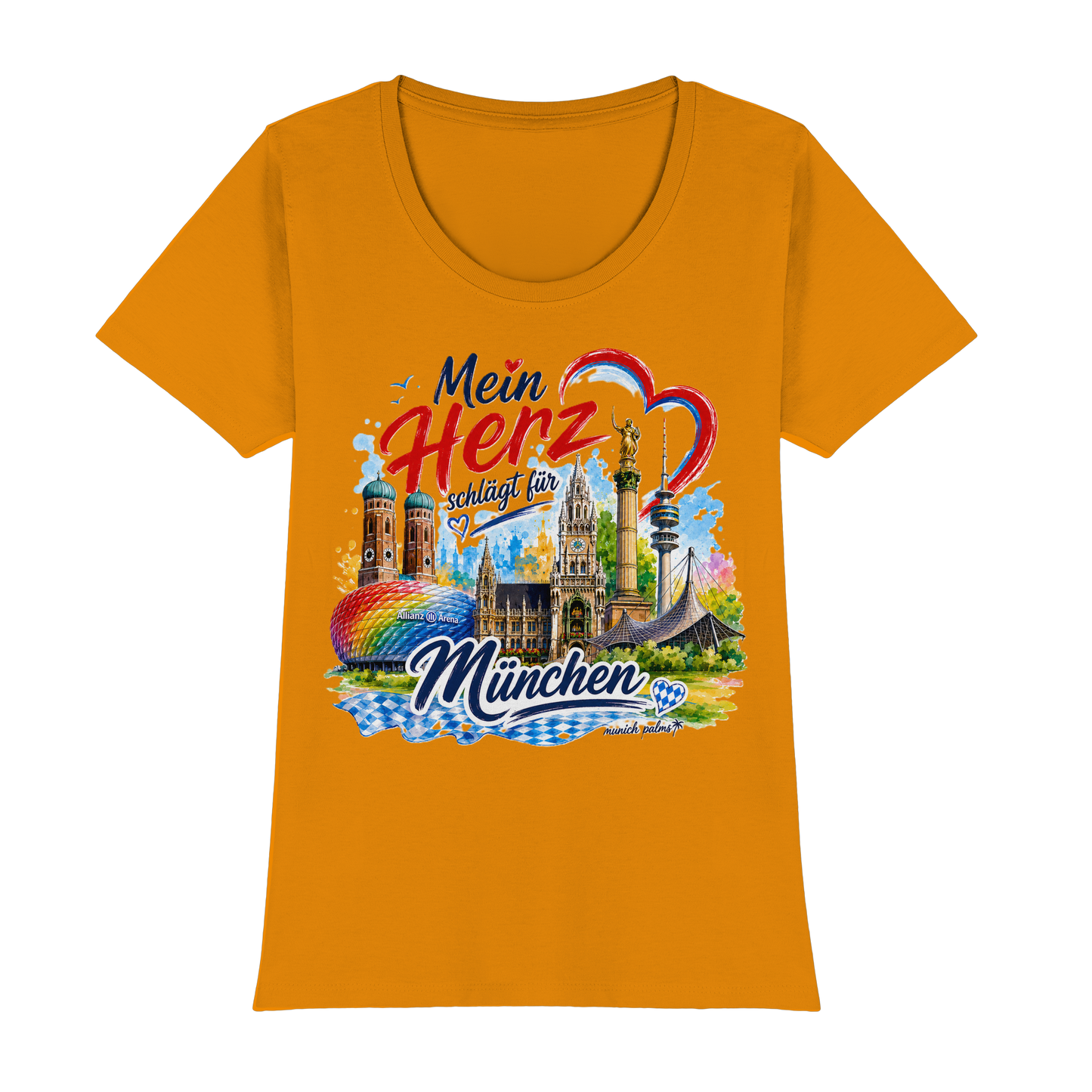 Buntes München T-Shirt für Damen mit Wahrzeichen, dunkel-orange, hochwertiges Classic Lady-Shirt von Munich Palms, Online Kaufhaus München