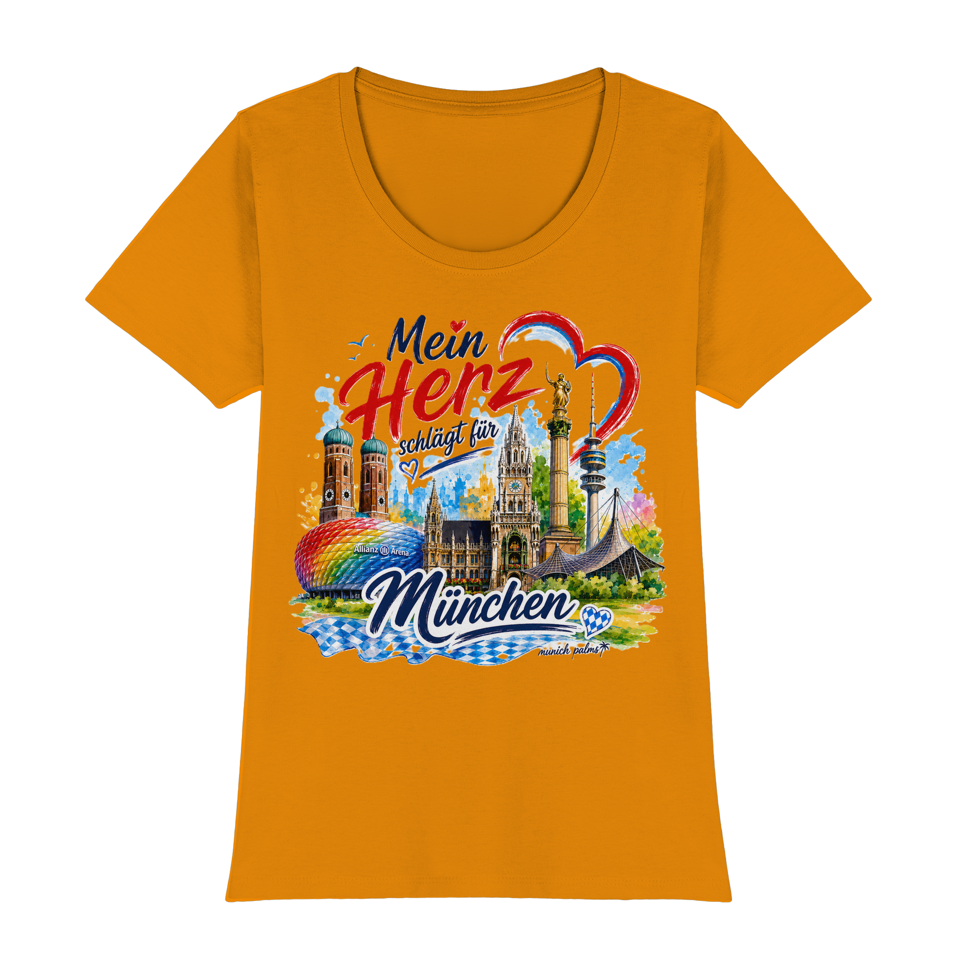 Buntes München T-Shirt für Damen mit Wahrzeichen, dunkel-orange, hochwertiges Classic Lady-Shirt von Munich Palms, Online Kaufhaus München