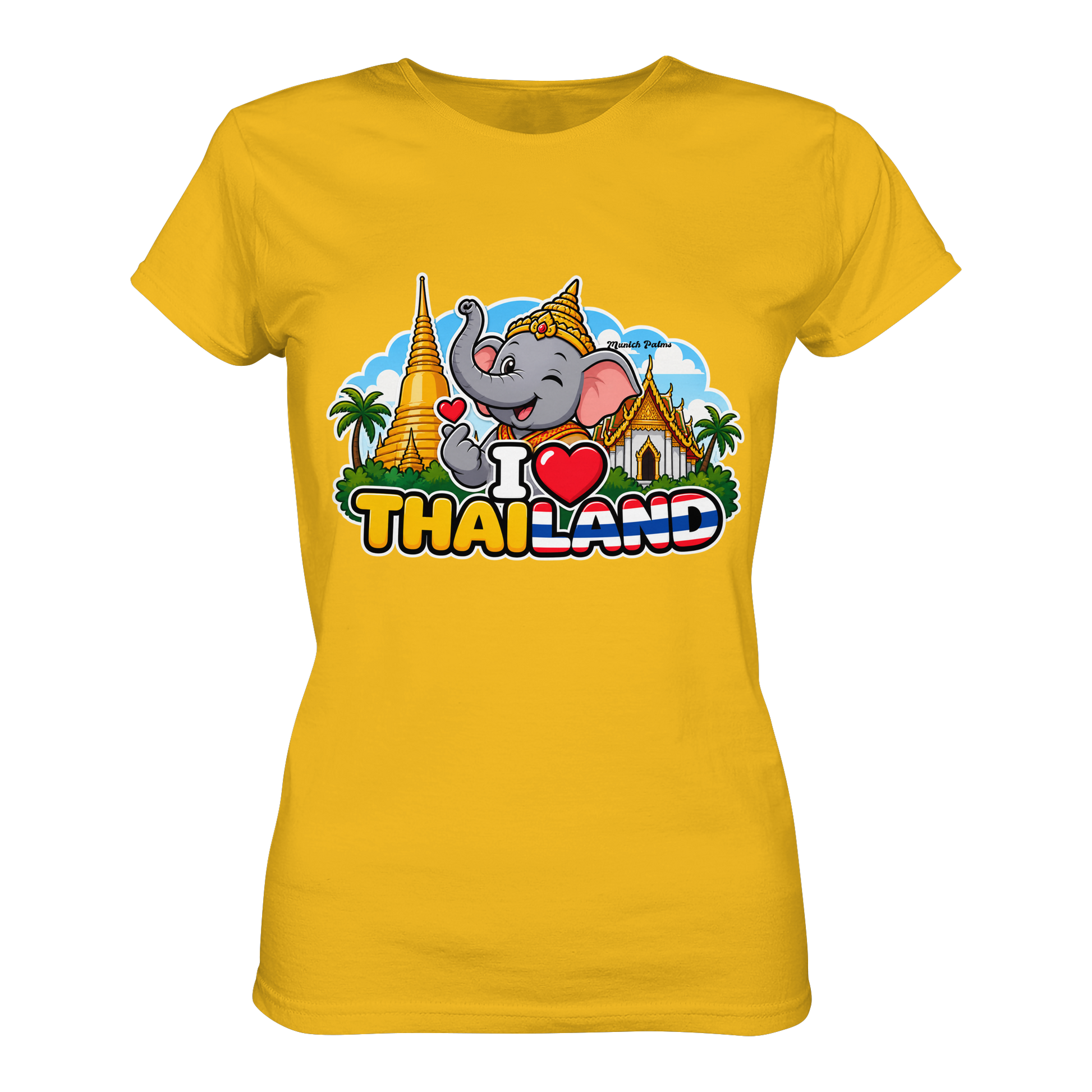 Lächelnder Elefant auf golden gelbem Lady-Shirt mit I Love Thailand Design, Premium Classic T-Shirt für Damen.