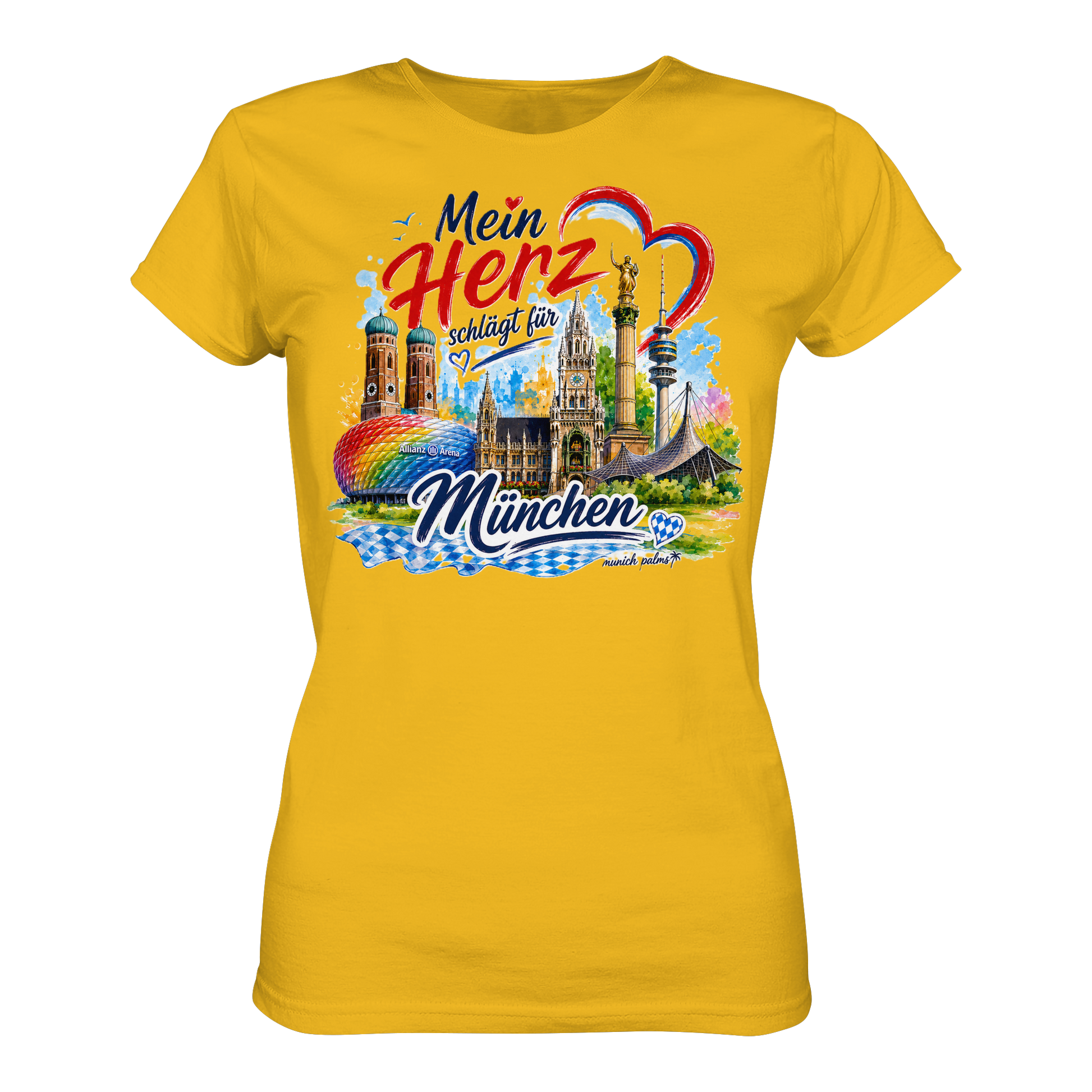 Buntes München T-Shirt für Damen mit Wahrzeichen, gelb-goldenes Design, hochwertiges Damen-Shirt von Munich Palms