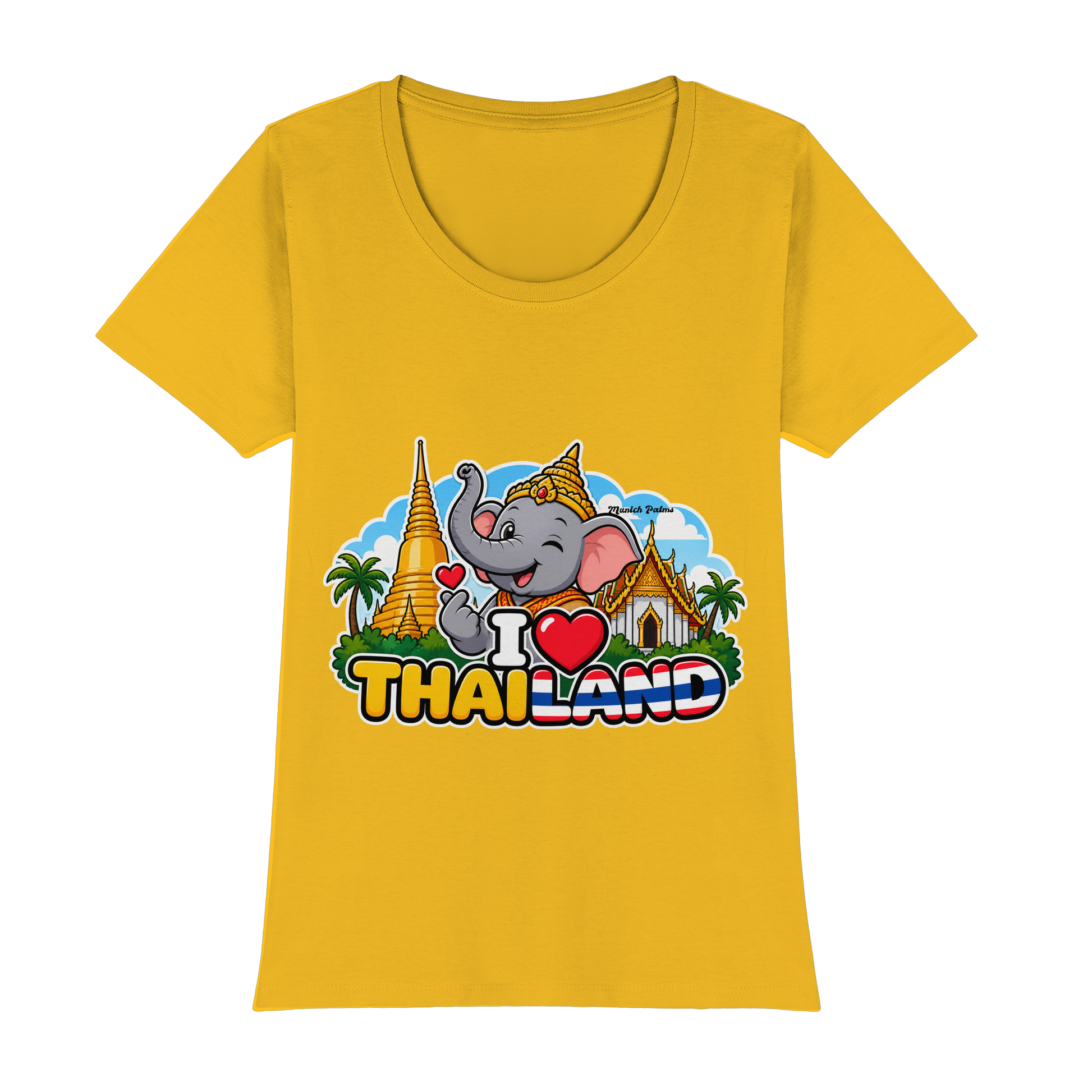 Lächelnder Elefant auf gelb-goldenem Damen-T-Shirt im Munich Palms Design, Premium Classic Schnitt, von Online Kaufhaus München