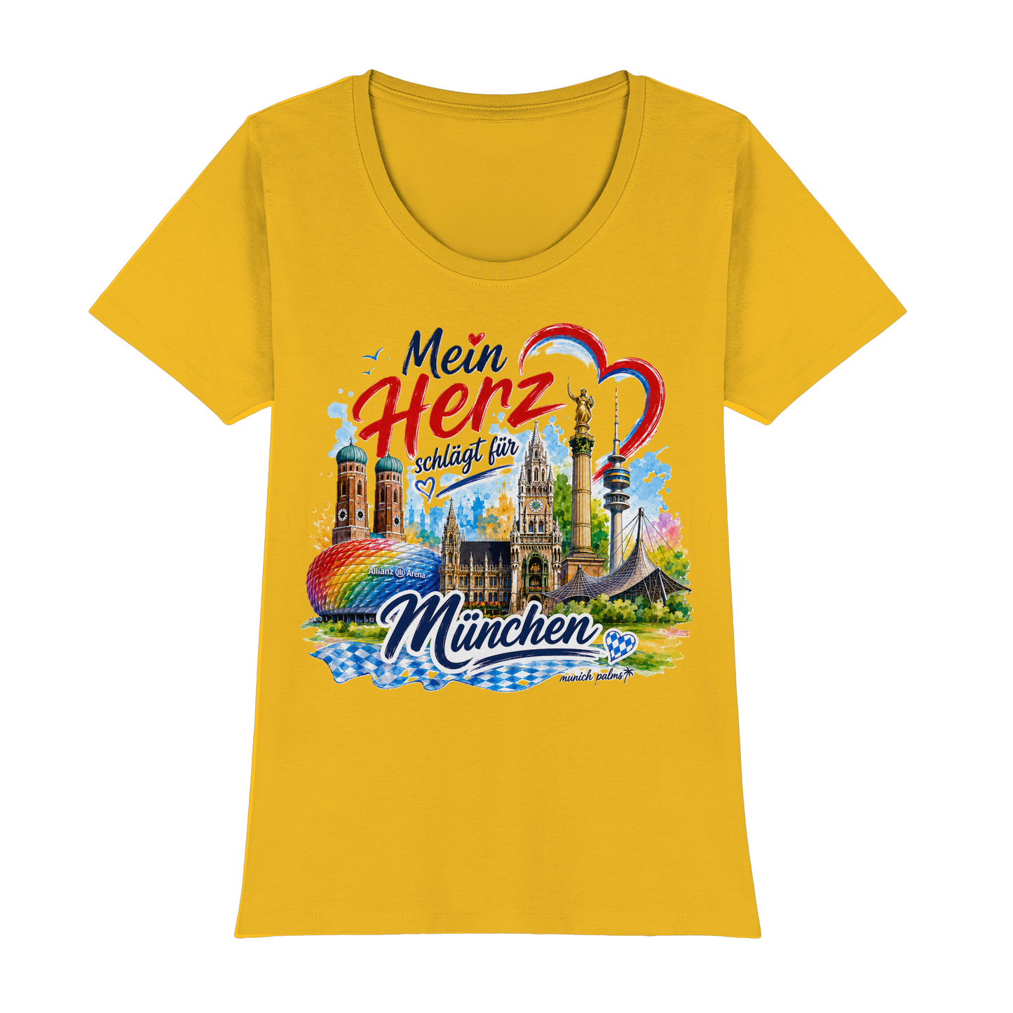 Buntes Damen-T-Shirt mit München-Design, Wahrzeichen, goldgelb, hochwertiges Premium Classic Shirt, Munich Palms, Online Kaufhaus München