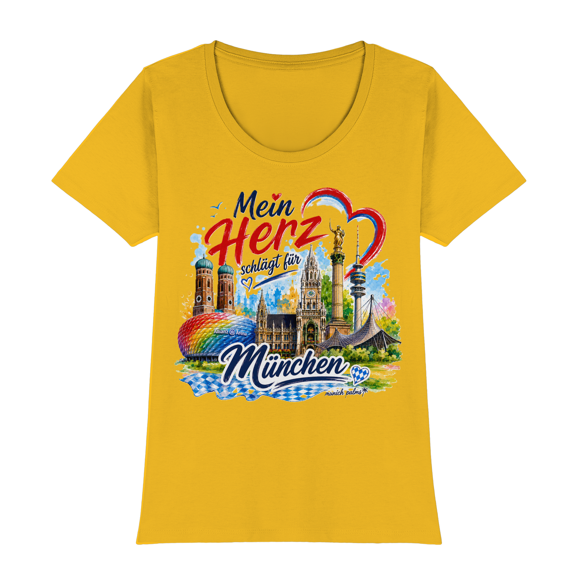 Buntes Damen-T-Shirt mit München-Design, Wahrzeichen, goldgelb, hochwertiges Premium Classic Shirt, Munich Palms, Online Kaufhaus München