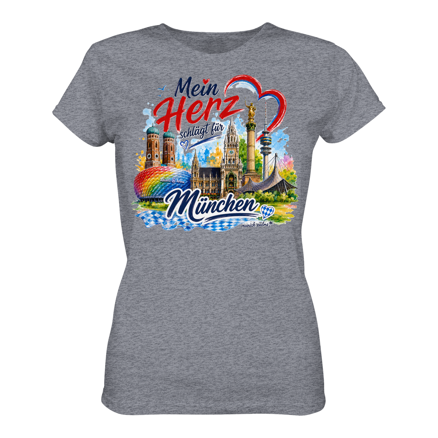 Graues Damen-T-Shirt mit buntem München-Design, Herz und Wahrzeichen, von Munich Palms, für Frauen, Vorderansicht