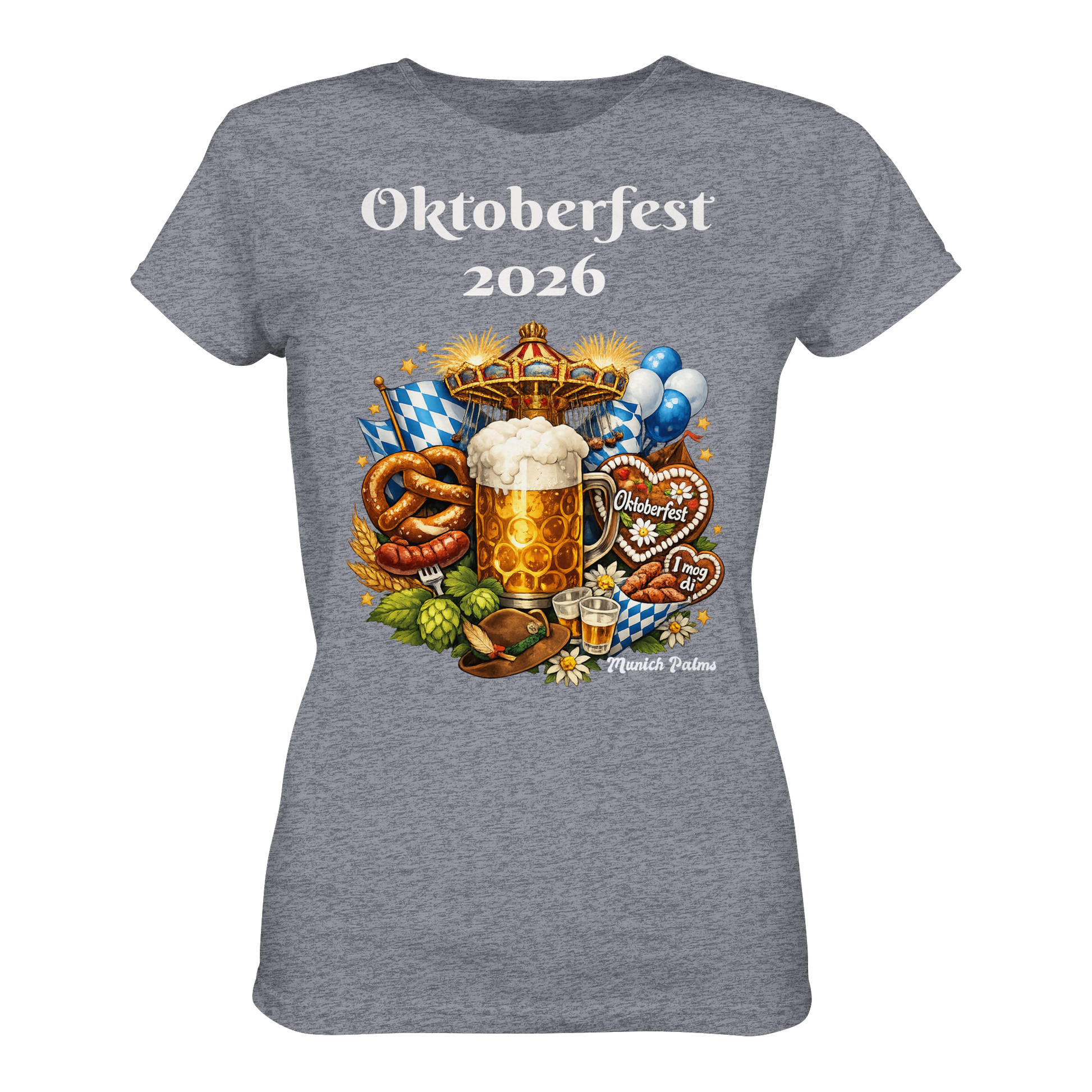 Damen T-Shirt Oktoberfest 2026 München Design, graues Heather, Premium-Qualität, schlichtes Damen-Shirt, ideal für Oktoberfest.
