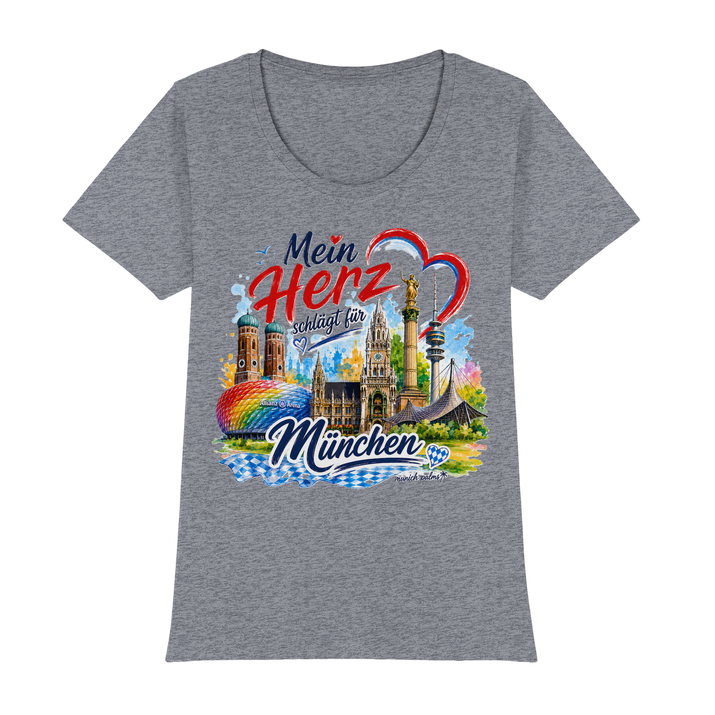Herren-Shirt mit buntem München-Design, Wahrzeichen und Herzmotiv, in grau, von Munich Palms, für Damen, Frontansicht