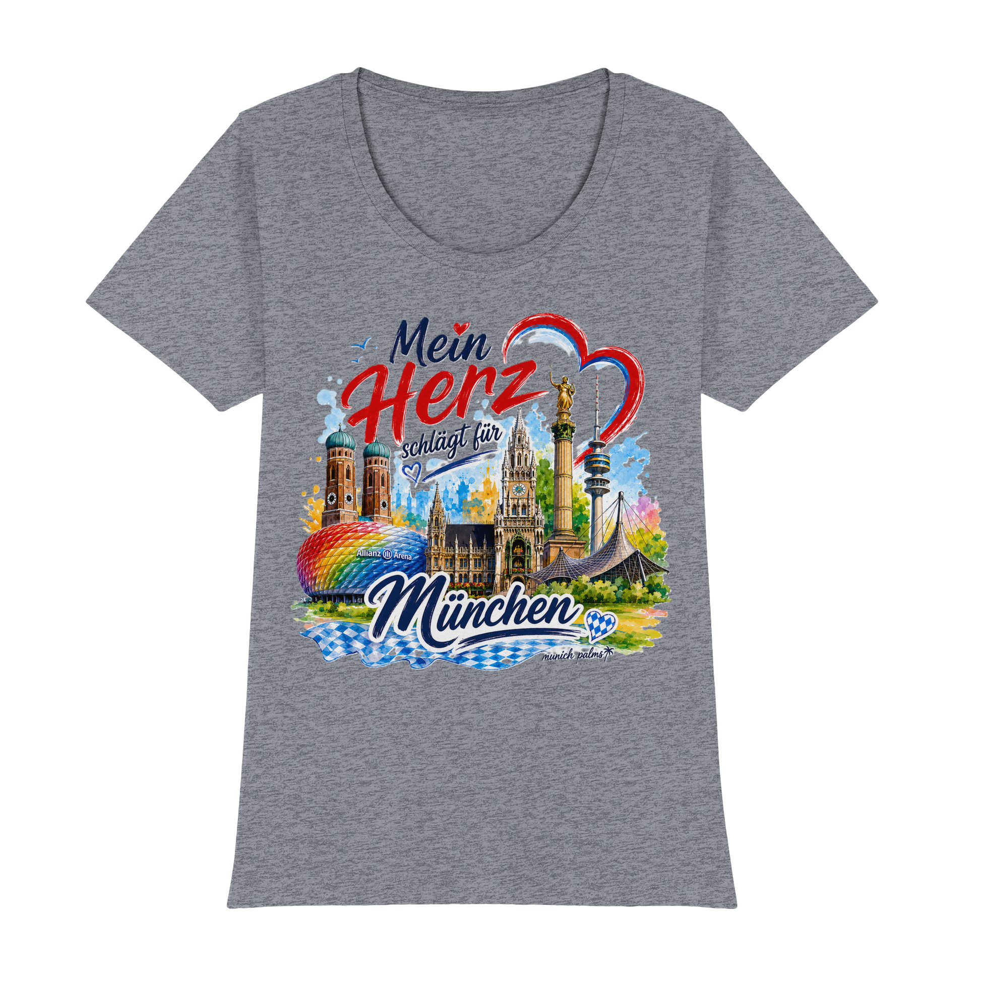 Herren-Shirt mit buntem München-Design, Wahrzeichen und Herzmotiv, in grau, von Munich Palms, für Damen, Frontansicht