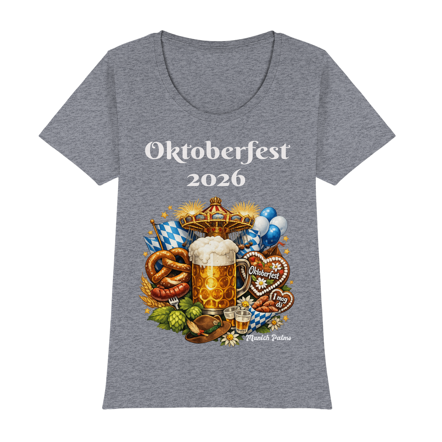 Graues Damen-Shirt mit Oktoberfest 2026 München Design, Premium-klassischer Schnitt, Vorderansicht, bequemes Frauen-T-Shirt