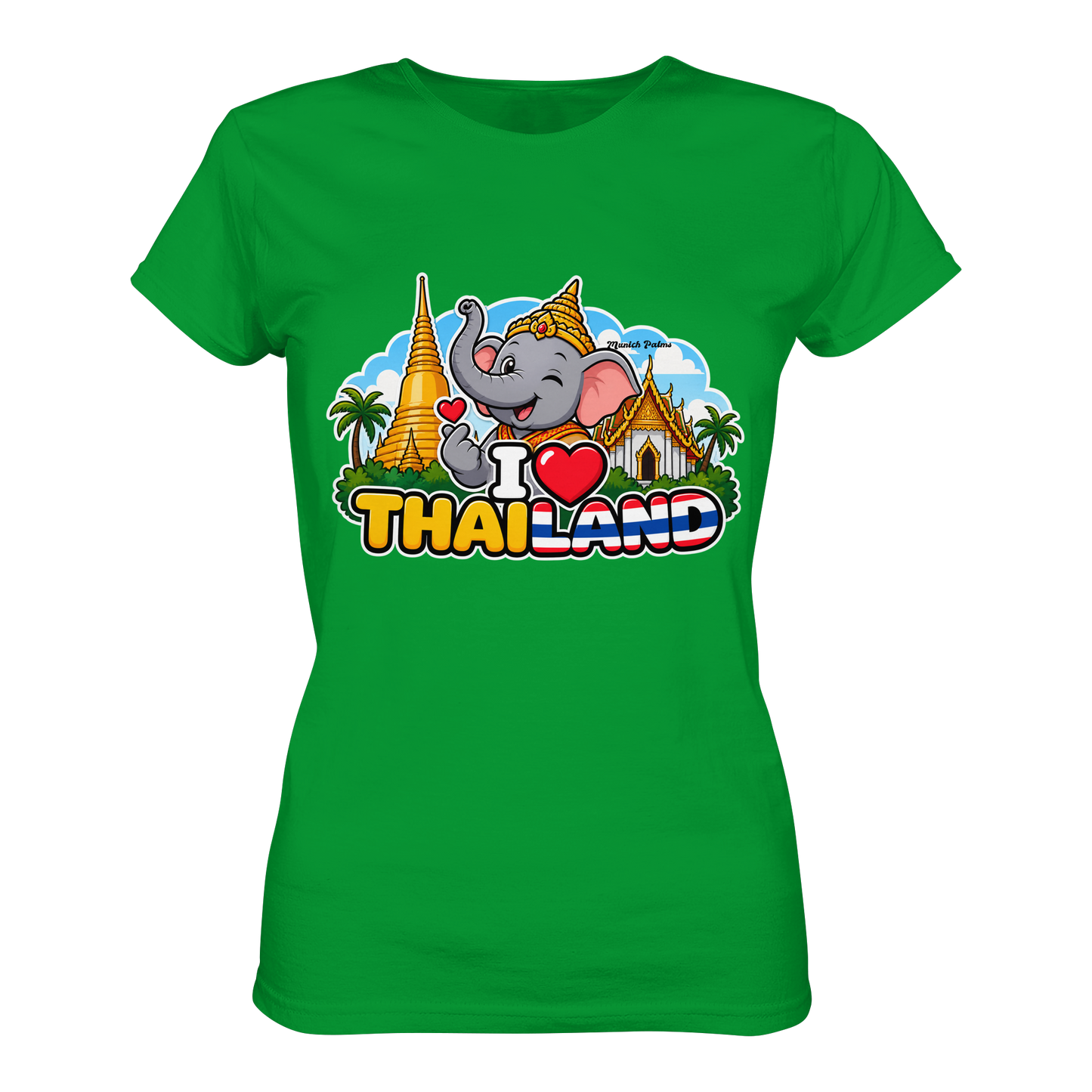 Lächelnder Elefant auf grünem Damen-T-Shirt im Munich Palms Design, Premium Classic Schnitt, Frontansicht