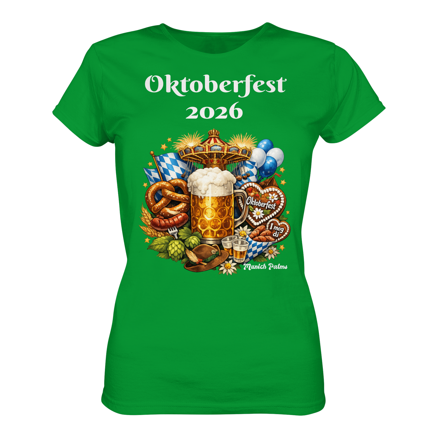 Frauen Premium-T-Shirt mit Oktoberfest 2026 München Design in Irish Green, vorne sichtbar, bequeme Lady-Shirt von Online Kaufhaus München