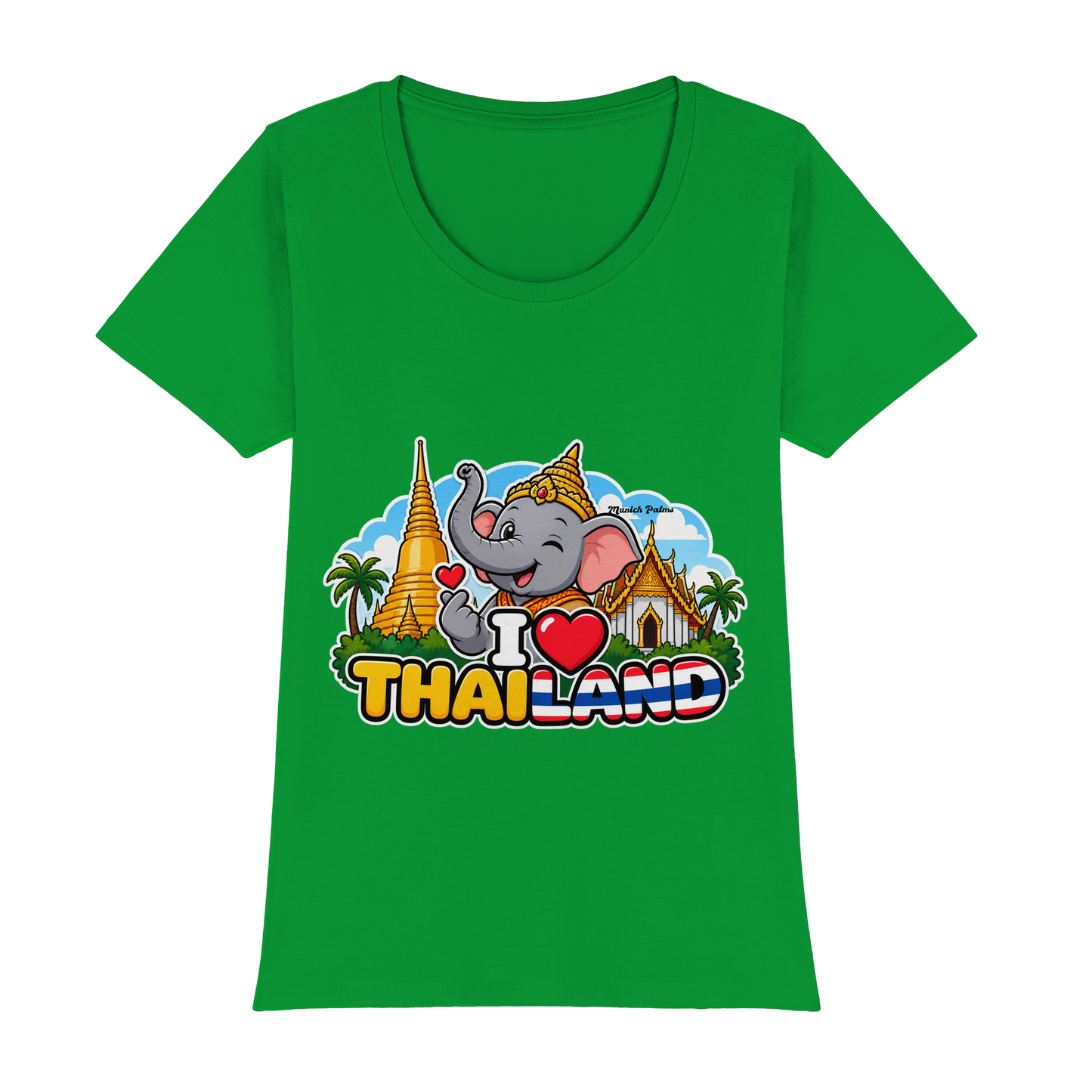 Lächelnder Elefant auf grünem Damen-T-Shirt im exklusiven Munich Palms Design, bequemes Premium Classic T-Shirt für Frauen.