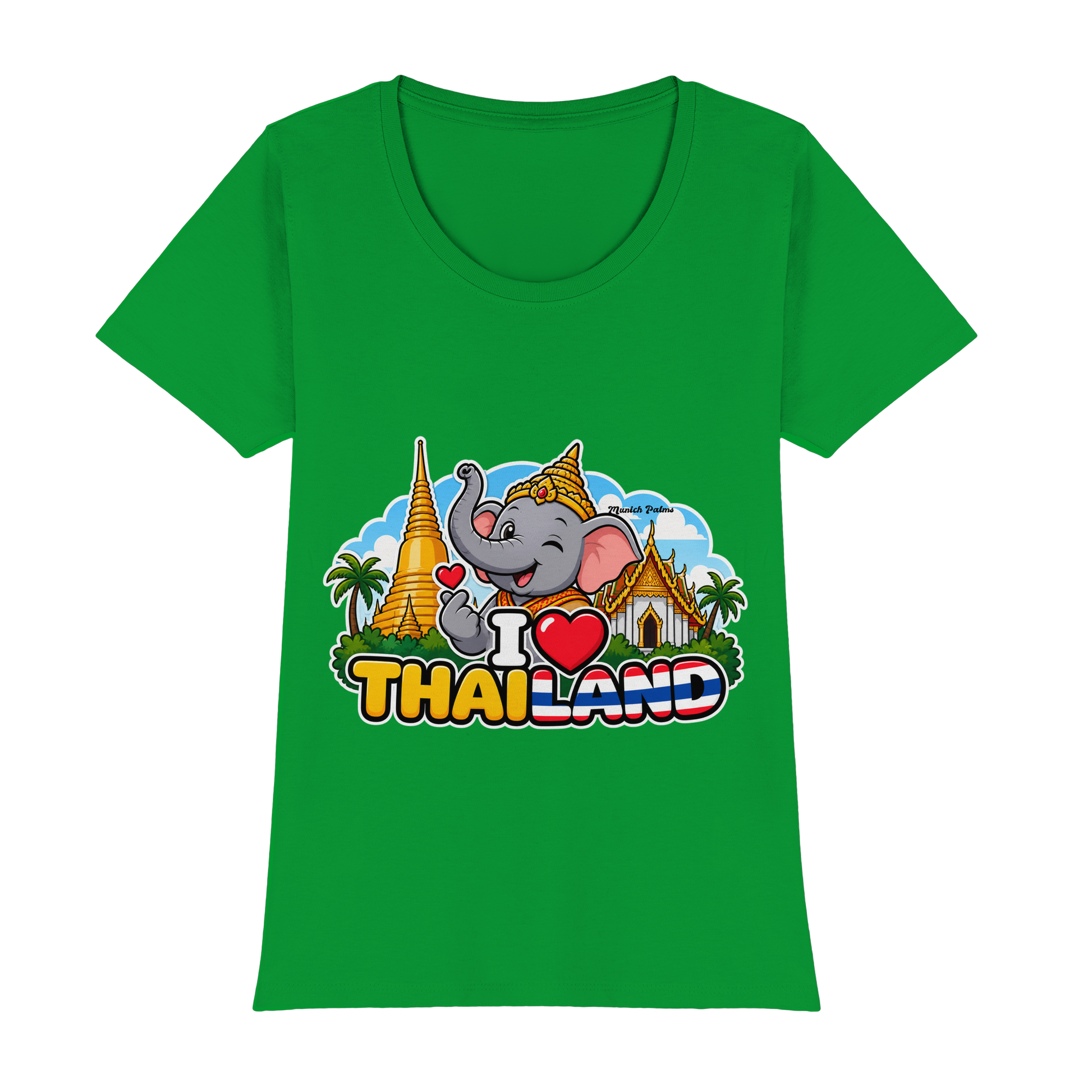 Lächelnder Elefant auf grünem Damen-T-Shirt im exklusiven Munich Palms Design, bequemes Premium Classic T-Shirt für Frauen.