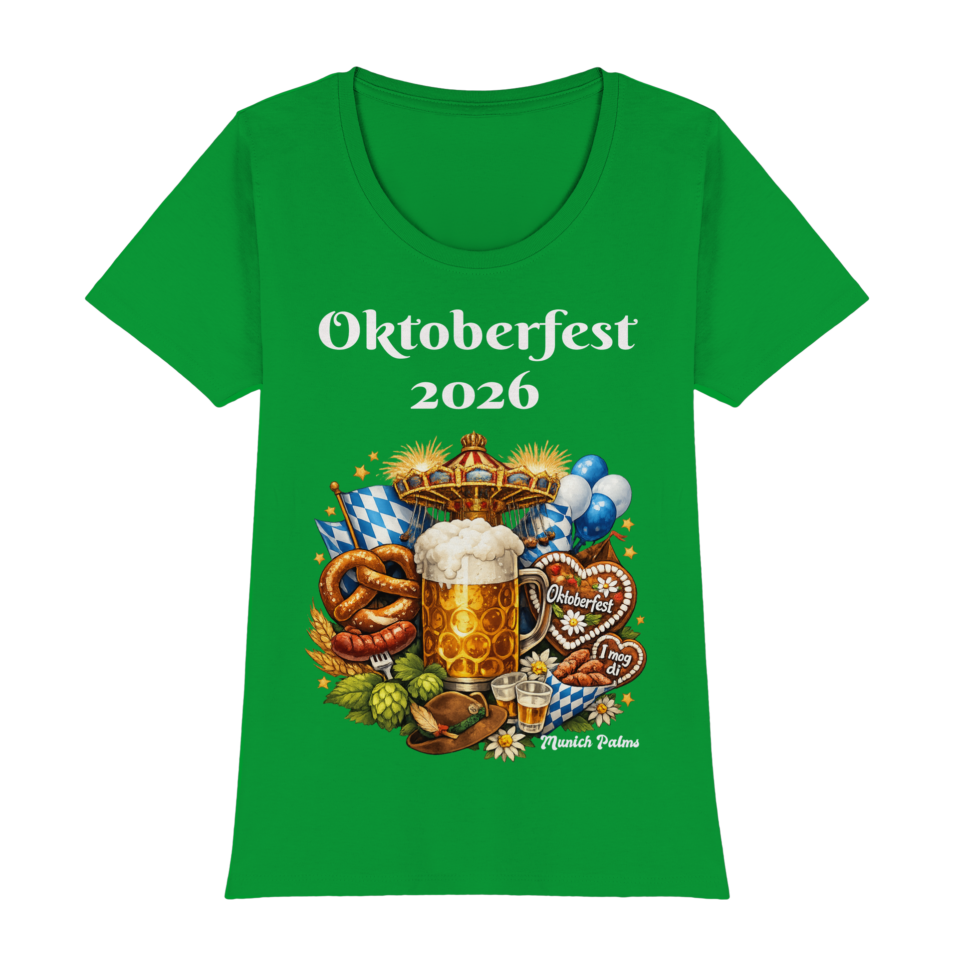 Frauen Premium-T-Shirt mit Oktoberfest 2026 München Design in irischgrün, Vorderansicht, bequeme Damen-Mode von Online Kaufhaus München