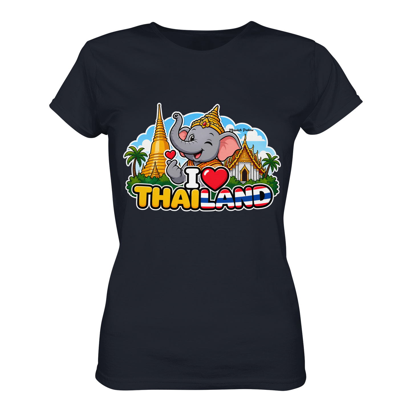 Lächelnder Elefanten-Print auf navyfarbenem Damen-T-Shirt mit Thailand-Motiv, exklusives Munich Palms Design, Premium Classic Shirt