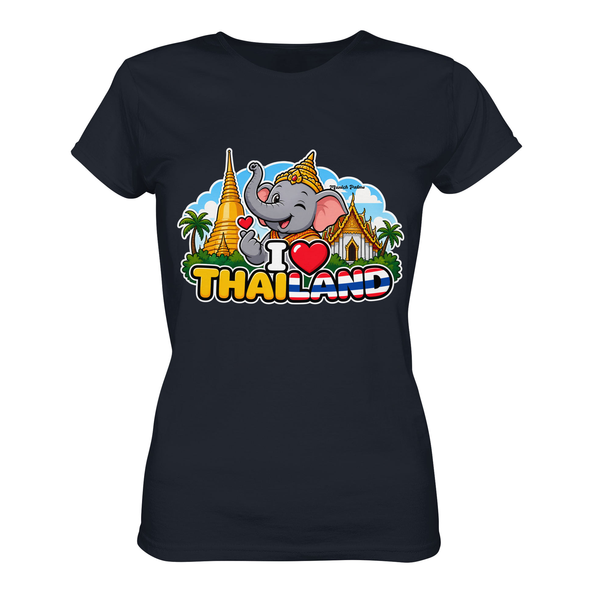 Lächelnder Elefanten-Print auf navyfarbenem Damen-T-Shirt mit Thailand-Motiv, exklusives Munich Palms Design, Premium Classic Shirt