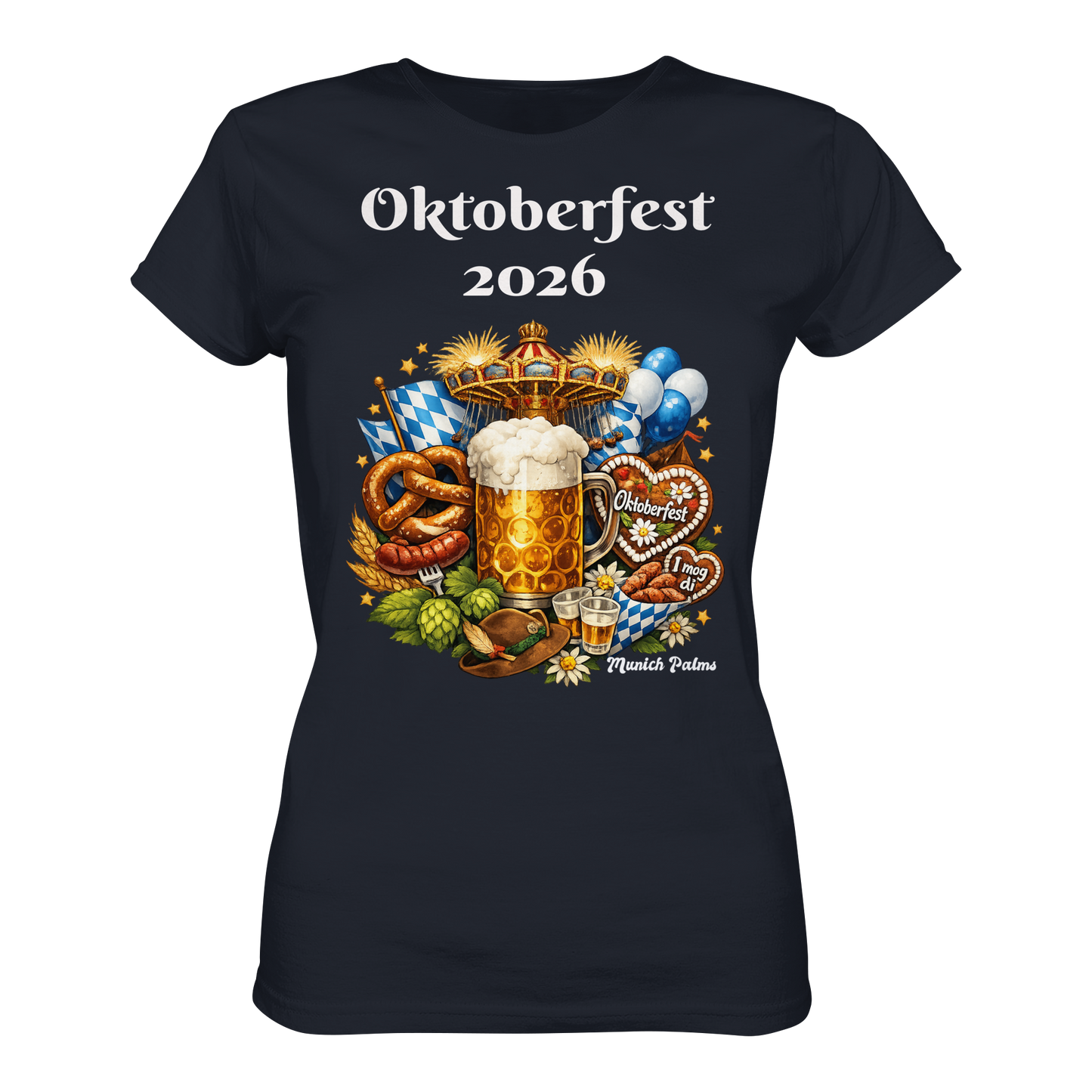Damen Premium T-Shirt mit Oktoberfest 2026 München Design in Navy, Vorderansicht, bequemes Damen-Shirt