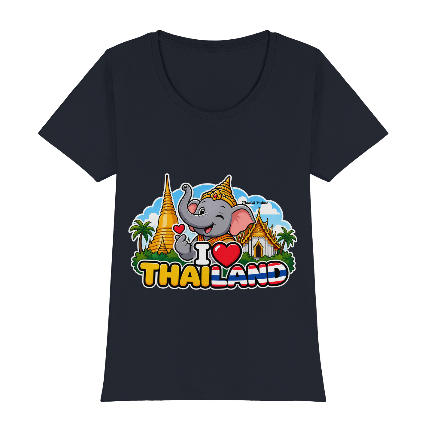 Lächelnder Elefant auf navyfarbenem Damen-T-Shirt mit Thailand-Design, Premium-klassisch, Munich Palms, Online Kaufhaus München