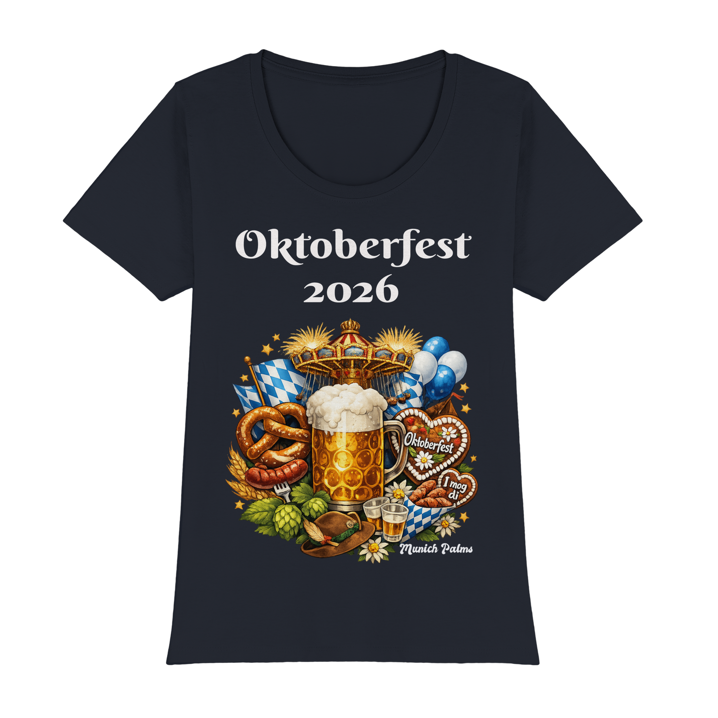 Damen Premium Classic T-Shirt mit Oktoberfest 2026 München Design in Navy, vorne sichtbar, bequemes Damen-Shirt, Online Kaufhaus München