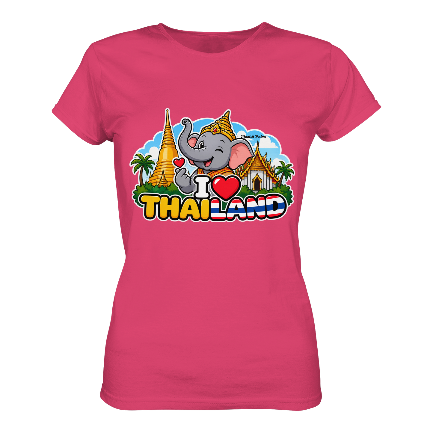 Lächelnder Elefant auf pinkem Damen-T-Shirt mit Thailand-Motiv, exklusives Munich Palms Design, hochwertiges Premium Lady-Shirt