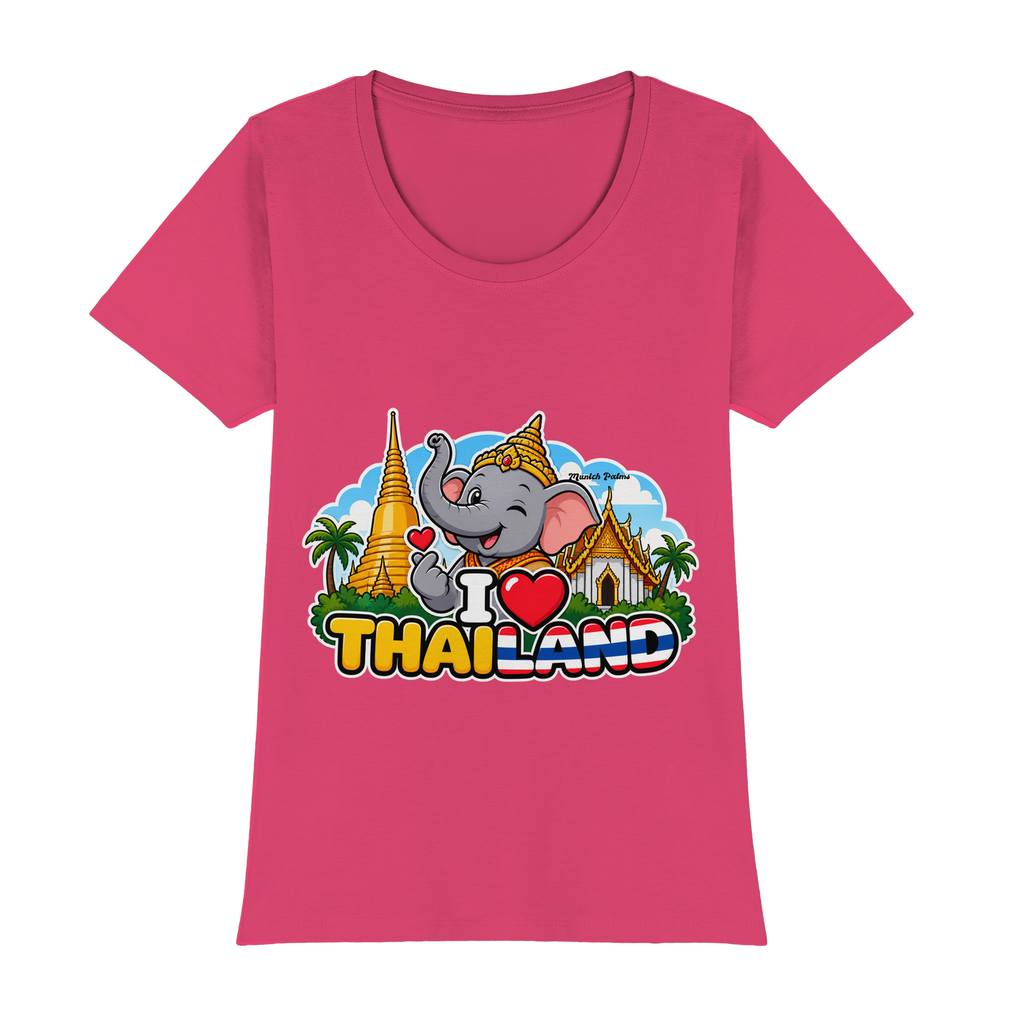 Lächelnder Elefant auf pinkem Damen-Shirt mit Thailand-Design, Munich Palms, Premium Classic T-Shirt, frontansicht
