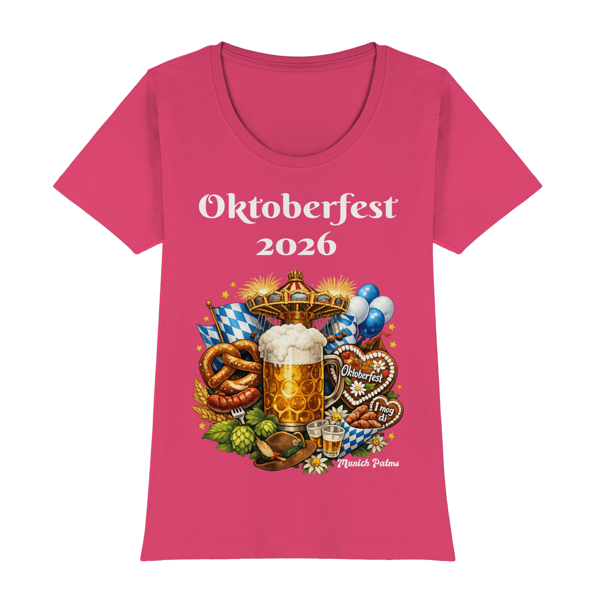Damen-Premium-Classic-T-Shirt mit Oktoberfest 2026 Design in Pink, Vorderansicht, Online Kaufhaus München, komfortabler Damen-T-Shirt