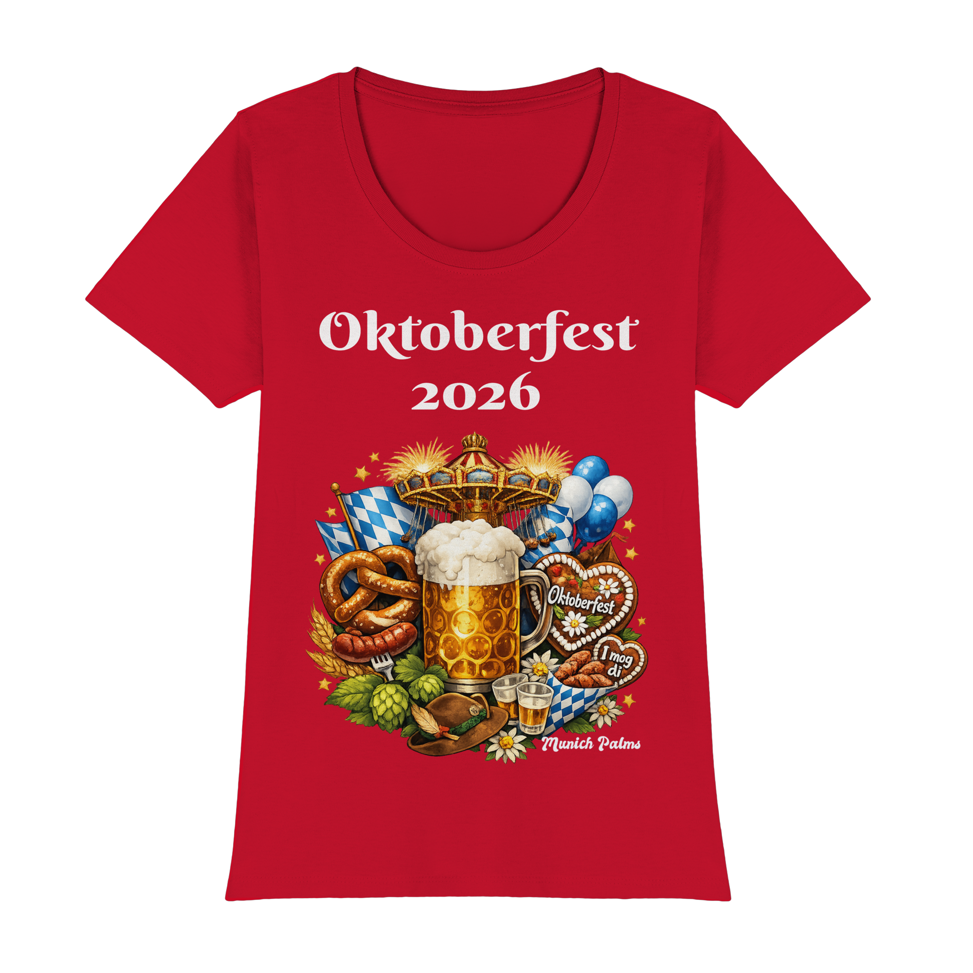 Rotes Damen-T-Shirt mit Oktoberfest 2026 München Design, Premium Classic Stil, Frontansicht, Damenbekleidung von Online Kaufhaus München