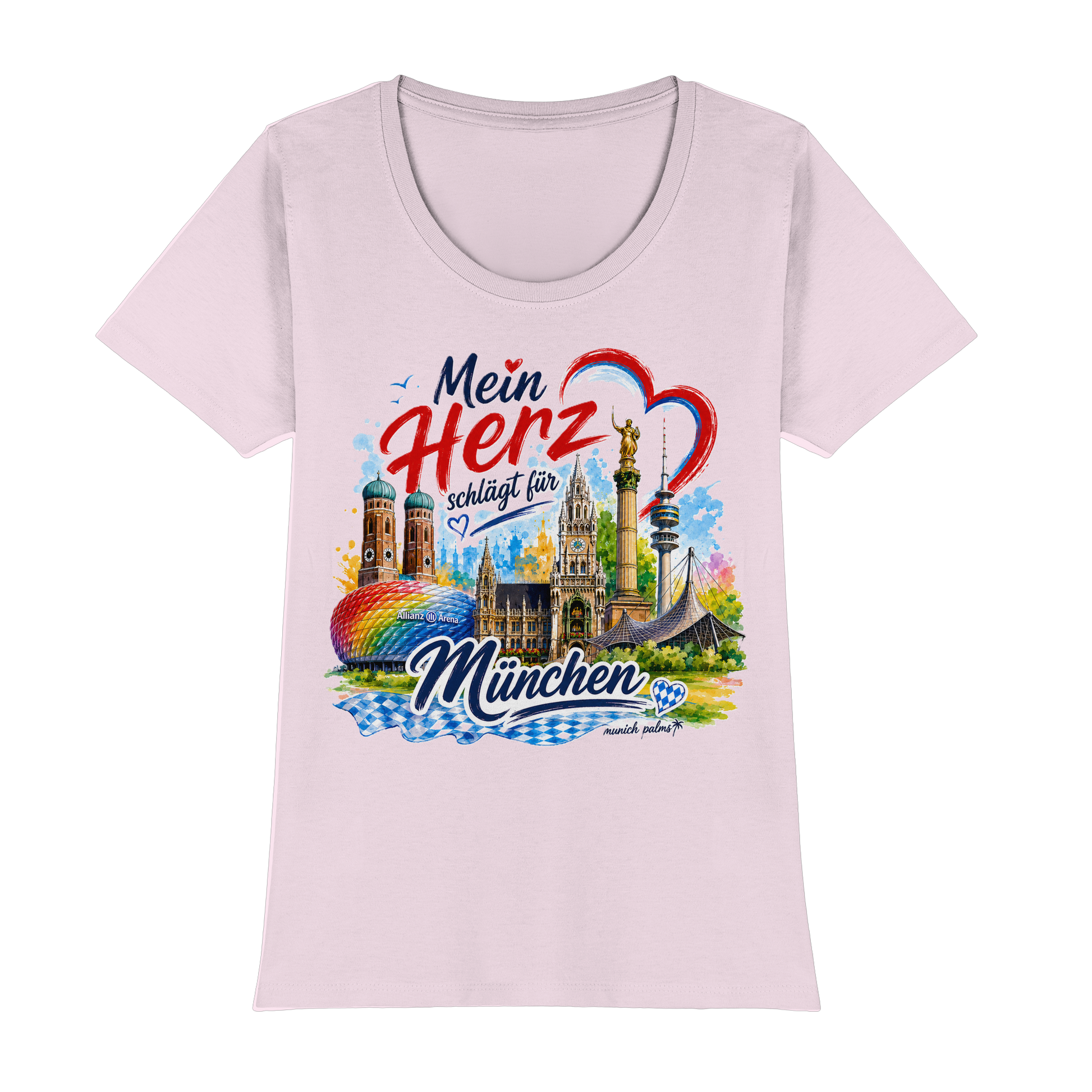 Buntes München Design auf rotem Damen-T-Shirt mit Wahrzeichen, modernes Premium Classic Lady-Shirt von Munich Palms