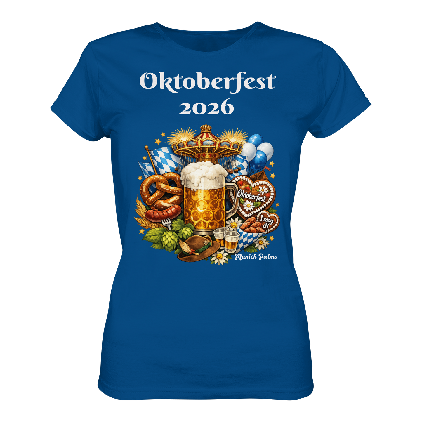 Herren- oder Damen-Online-Kaufhaus München T-Shirt mit Oktoberfest 2026 München Design, klassische Passform, royal Blau, Vorderansicht.