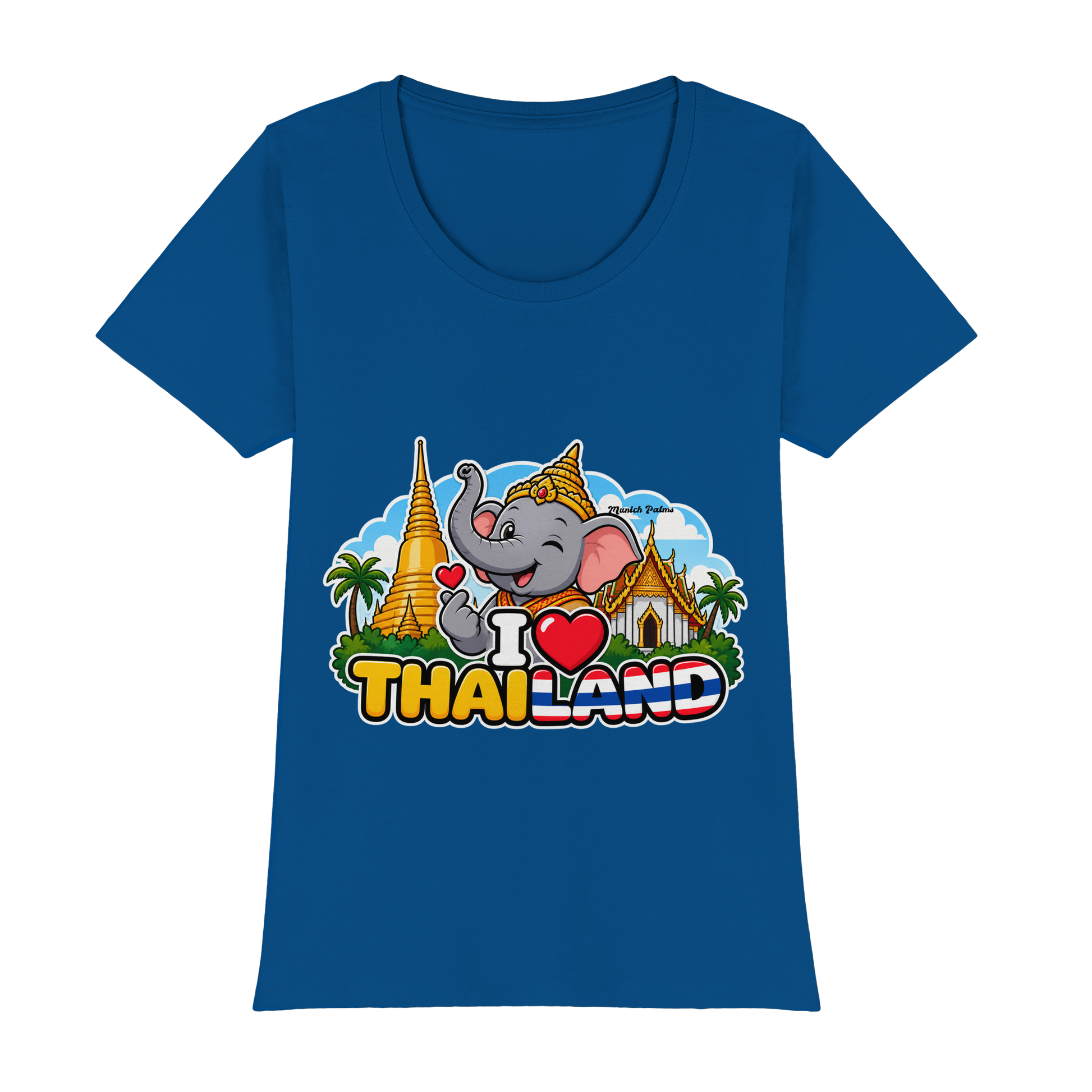 Lächelnder Elefant auf royalblauem Damen-T-Shirt mit Thailand-Motiv, Munich Palms Design, Premium Classic Lady-Shirt von Online Kaufhaus München
