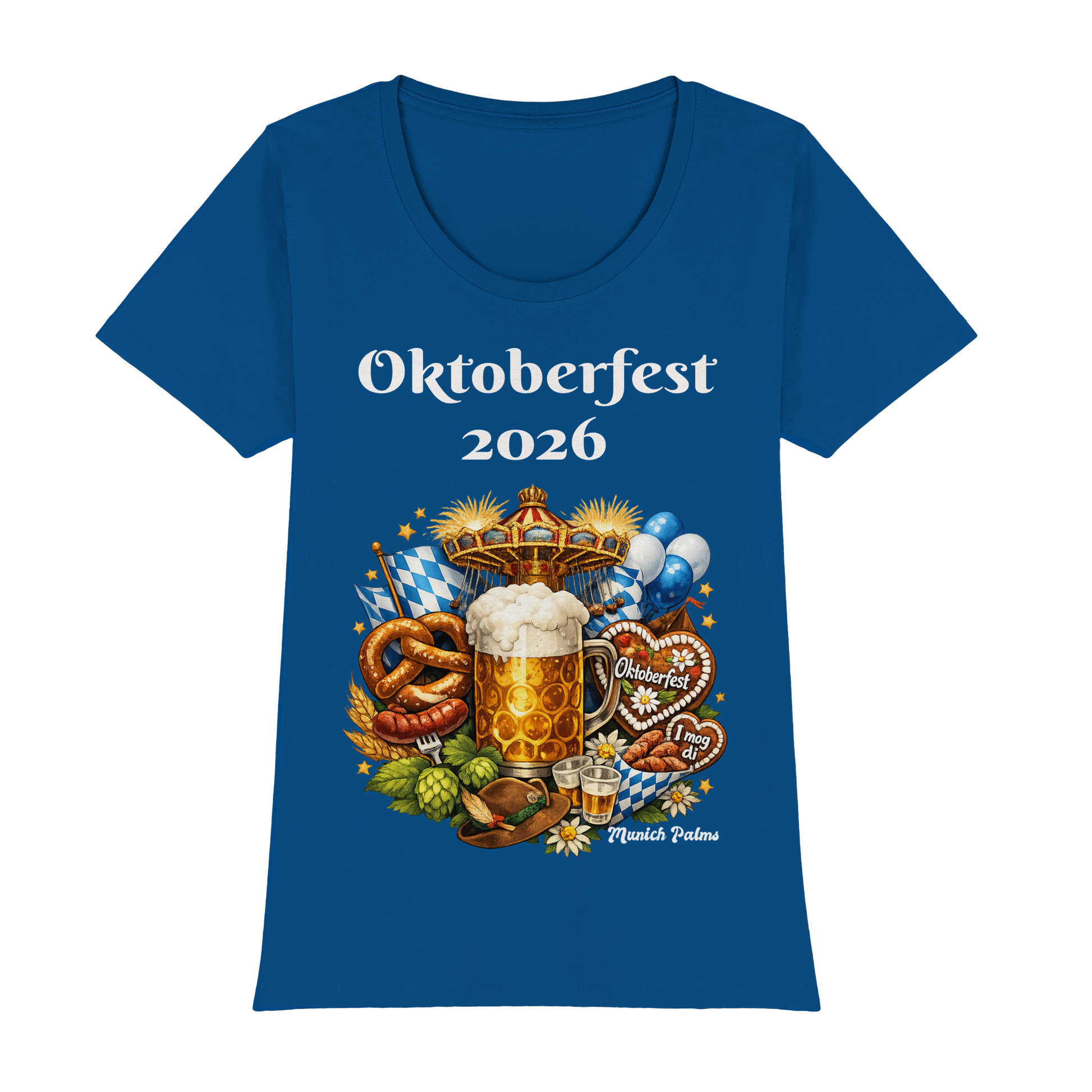 Damen-T-Shirt Oktoberfest 2026 München Design, Premium Classic, königsblau, Vorderansicht, bequemes Lady-Shirt, Online Kaufhaus München