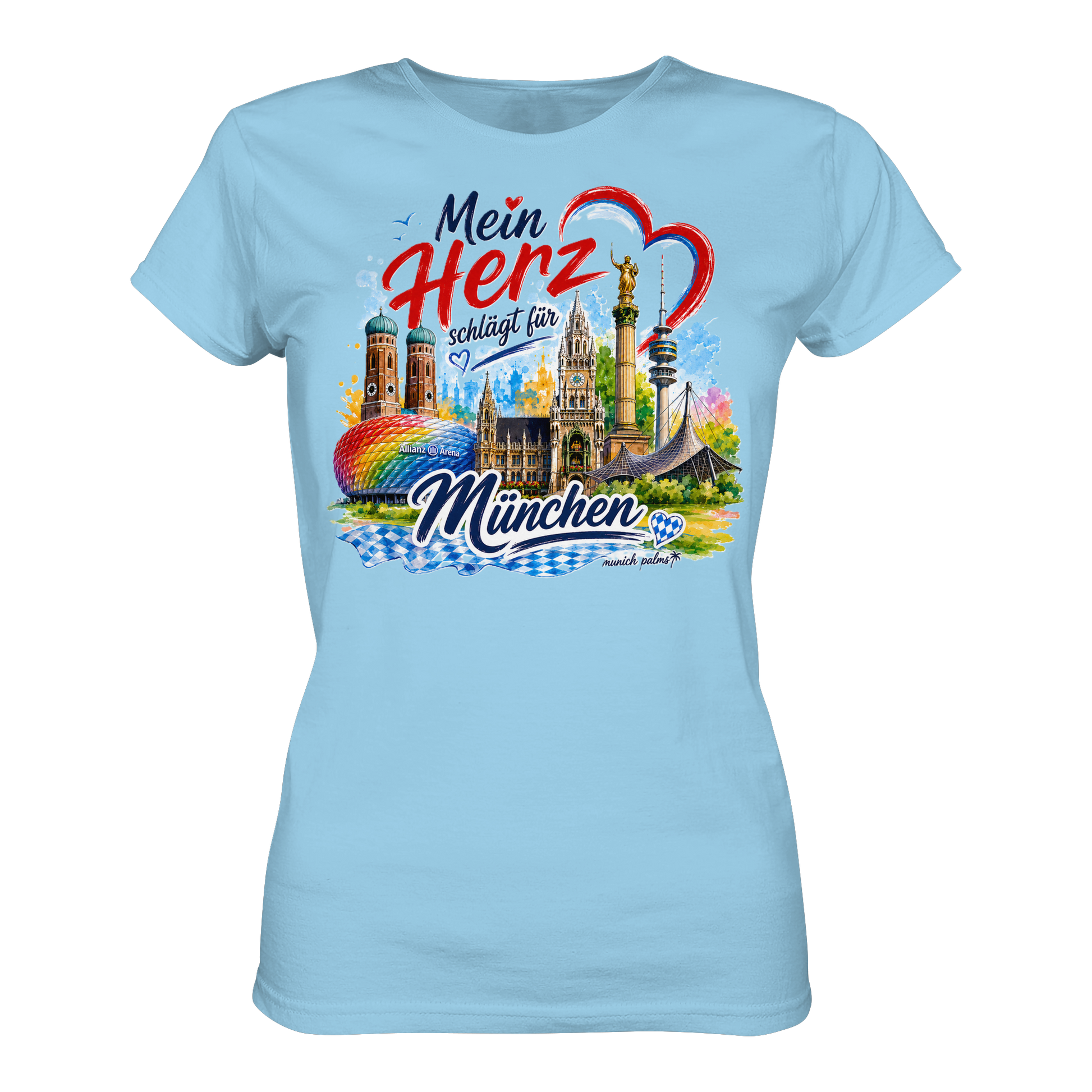 Hübsches Damen-T-Shirt mit buntem München-Design und Wahrzeichen auf Himmelblau, online Kaufhaus München, klassischer Schnitt.