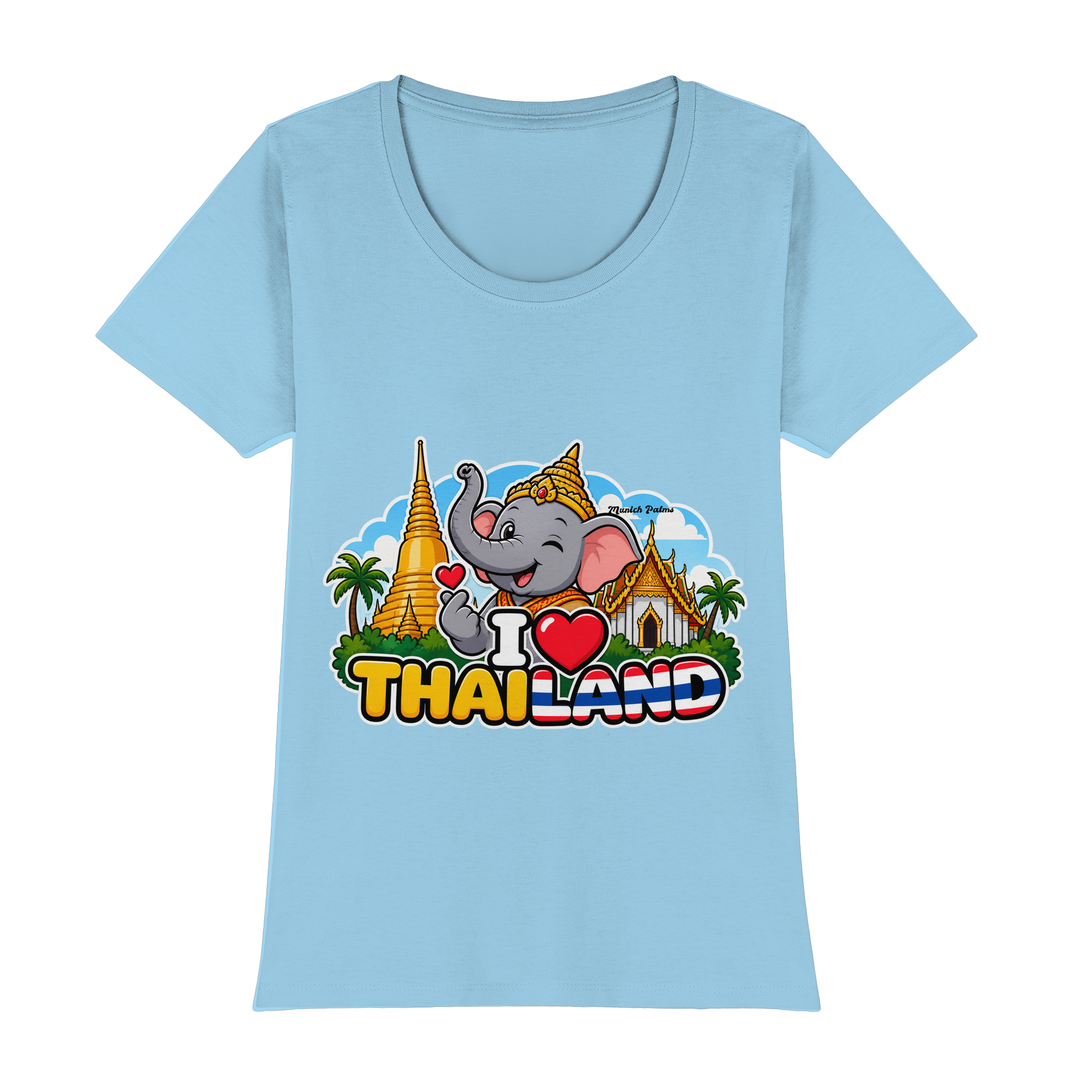Lächelnder Elefant auf hellblauem Damen-T-Shirt mit Thailand-Motiv, Munich Palms Design, Premium Classic, Frontansicht