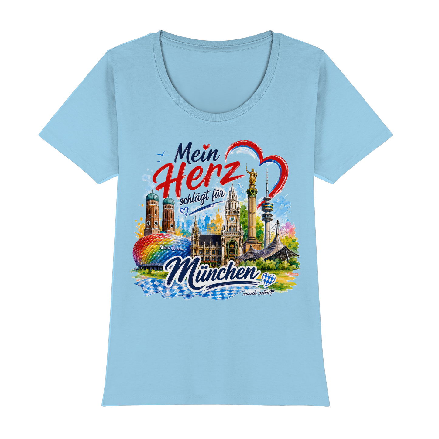Hübsches Damen-T-Shirt mit buntem München-Design und Wahrzeichen, Himmelblau, von Munich Palms, hochwertiges Lady-Shirt