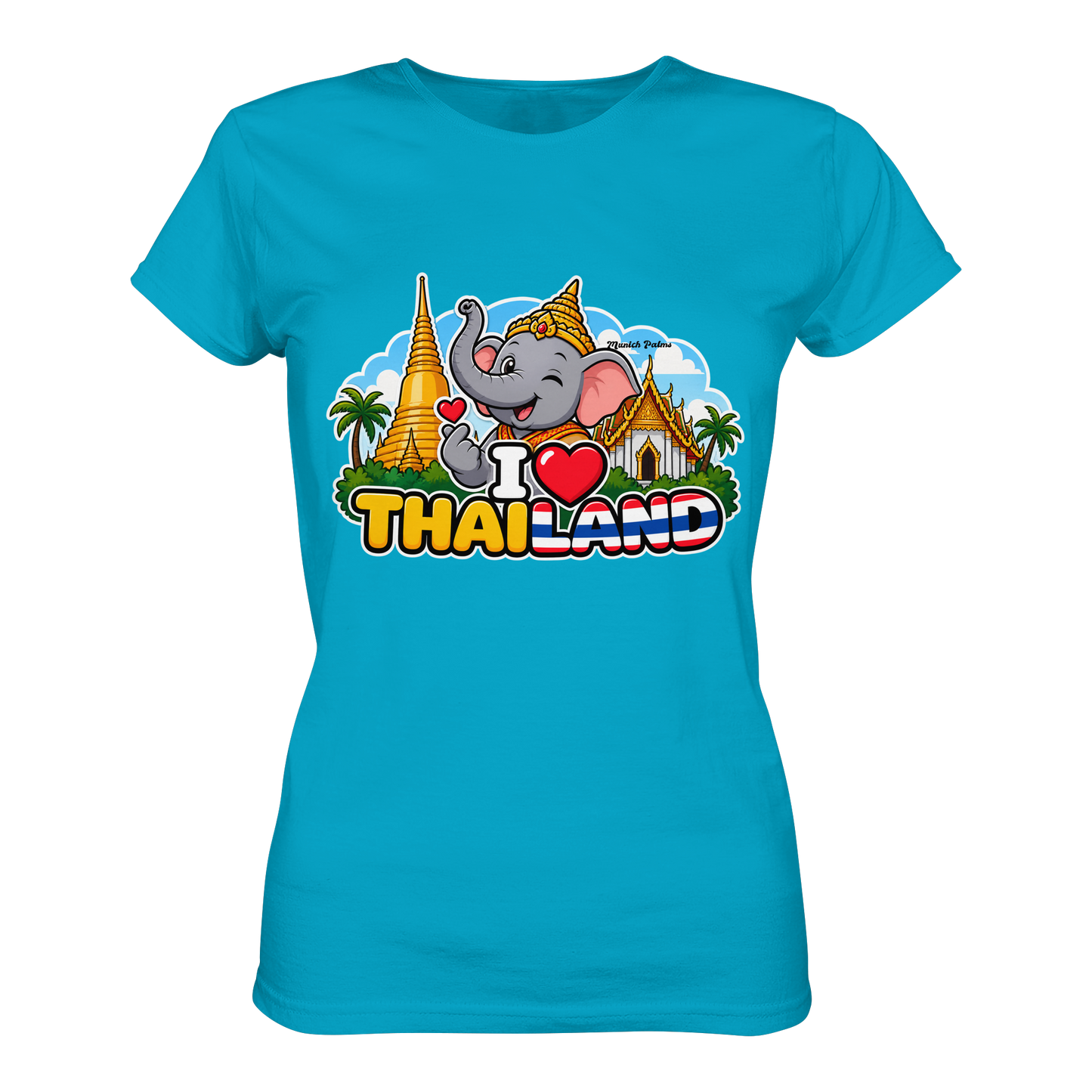 Lächelnder Elefant auf türkisem Damen-T-Shirt mit Munich Palms Design, Premium Classic Lady-Shirt, frontansicht